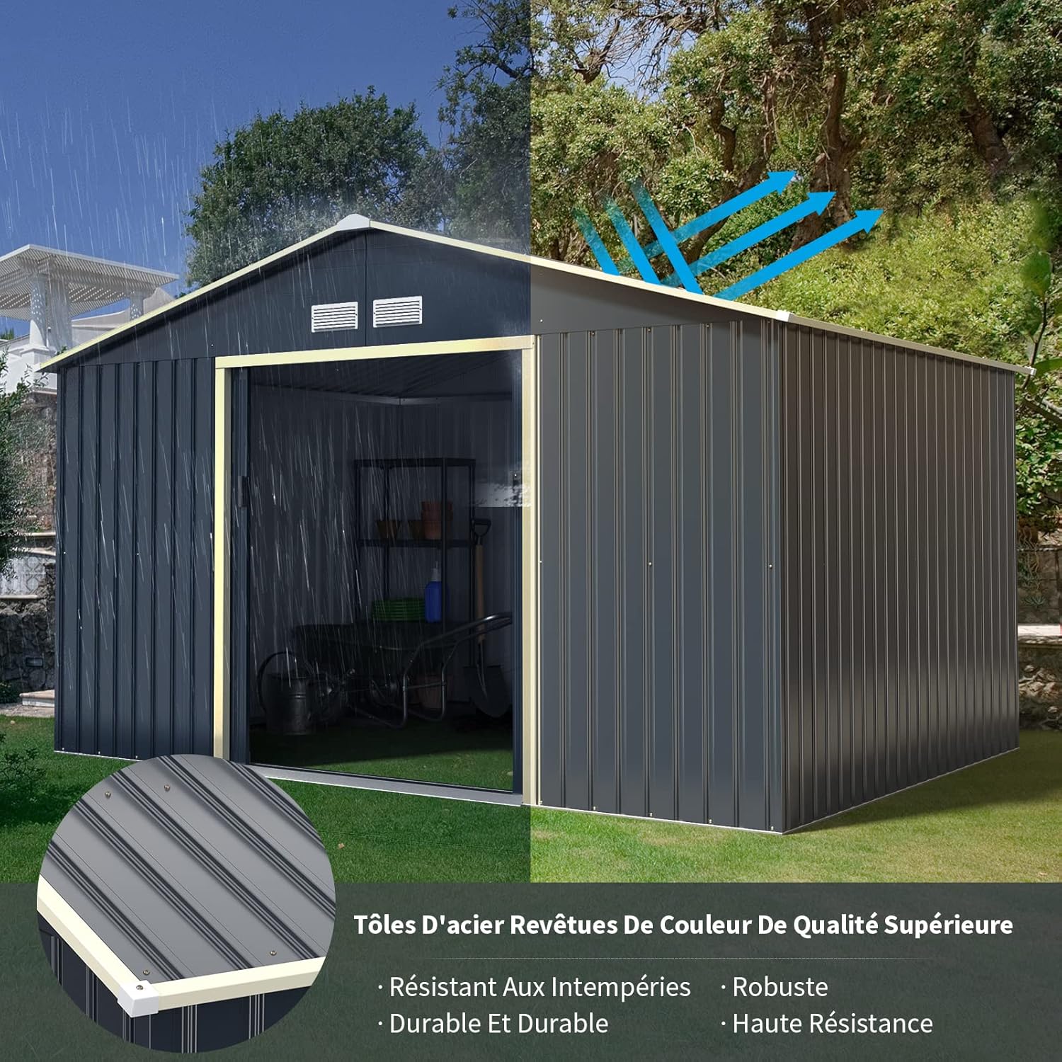 Abri de jardin en métal Costway + 1 kit d'extension avec 2 portes coulissantes verrouillables, 4 trous de ventilation, toit incliné pour vélo