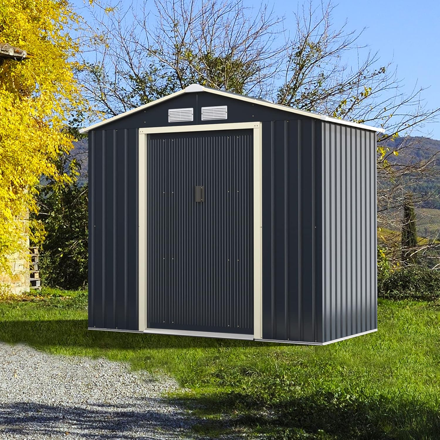 Abri de jardin en métal Costway + 1 kit d'extension avec 2 portes coulissantes verrouillables, 4 trous de ventilation, toit incliné pour vélo