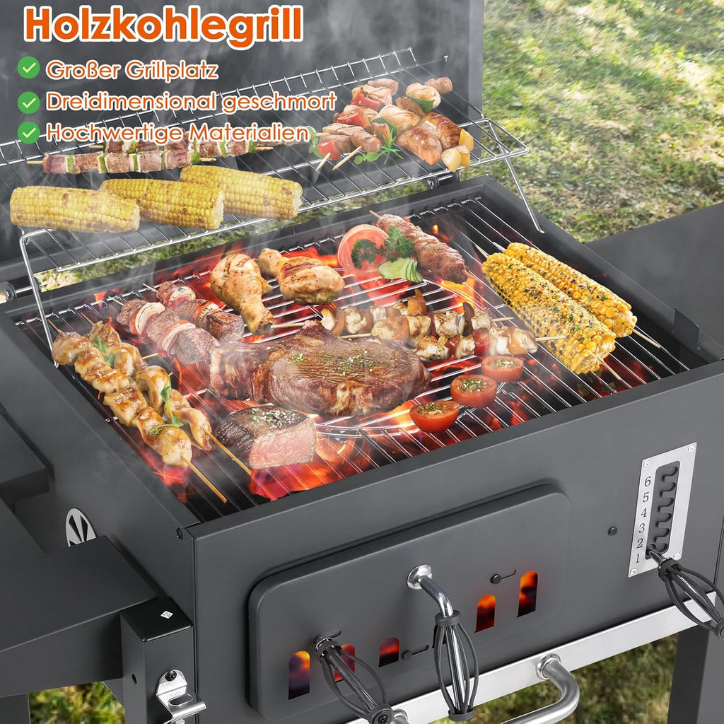 Barbecue Charbon de Bois, Chariot à Barbecue XXL, Grand Barbecue au Charbon de Bois, Grill à Charbon avec Couvercle, 2 Tables d'Appoint, Roues et Thermomètre, BBQ Fumoir, Barbecue de Jardin, Gris