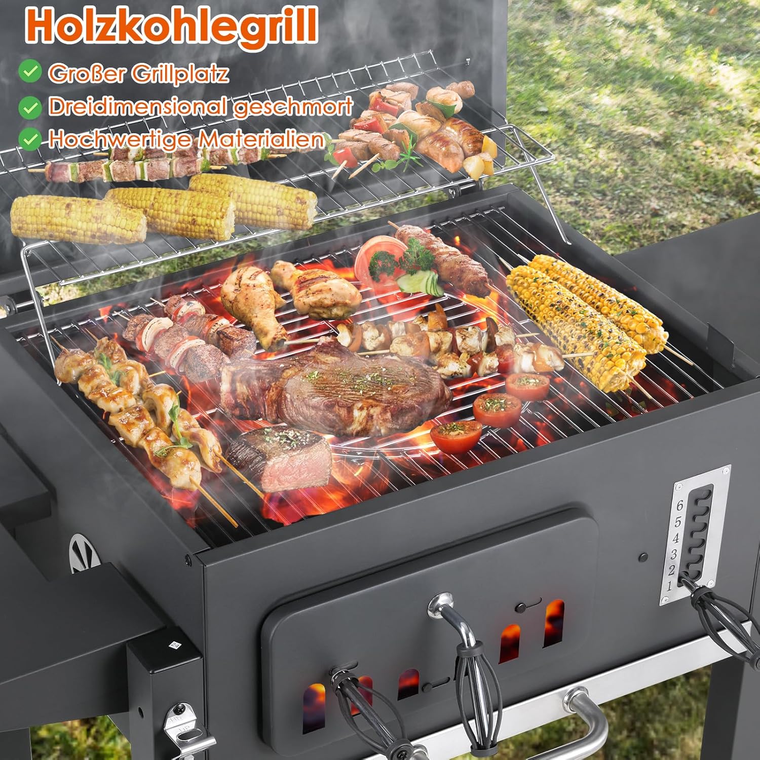 Barbecue Charbon de Bois, Chariot à Barbecue XXL, Grand Barbecue au Charbon de Bois, Grill à Charbon avec Couvercle, 2 Tables d'Appoint, Roues et Thermomètre, BBQ Fumoir, Barbecue de Jardin, Gris