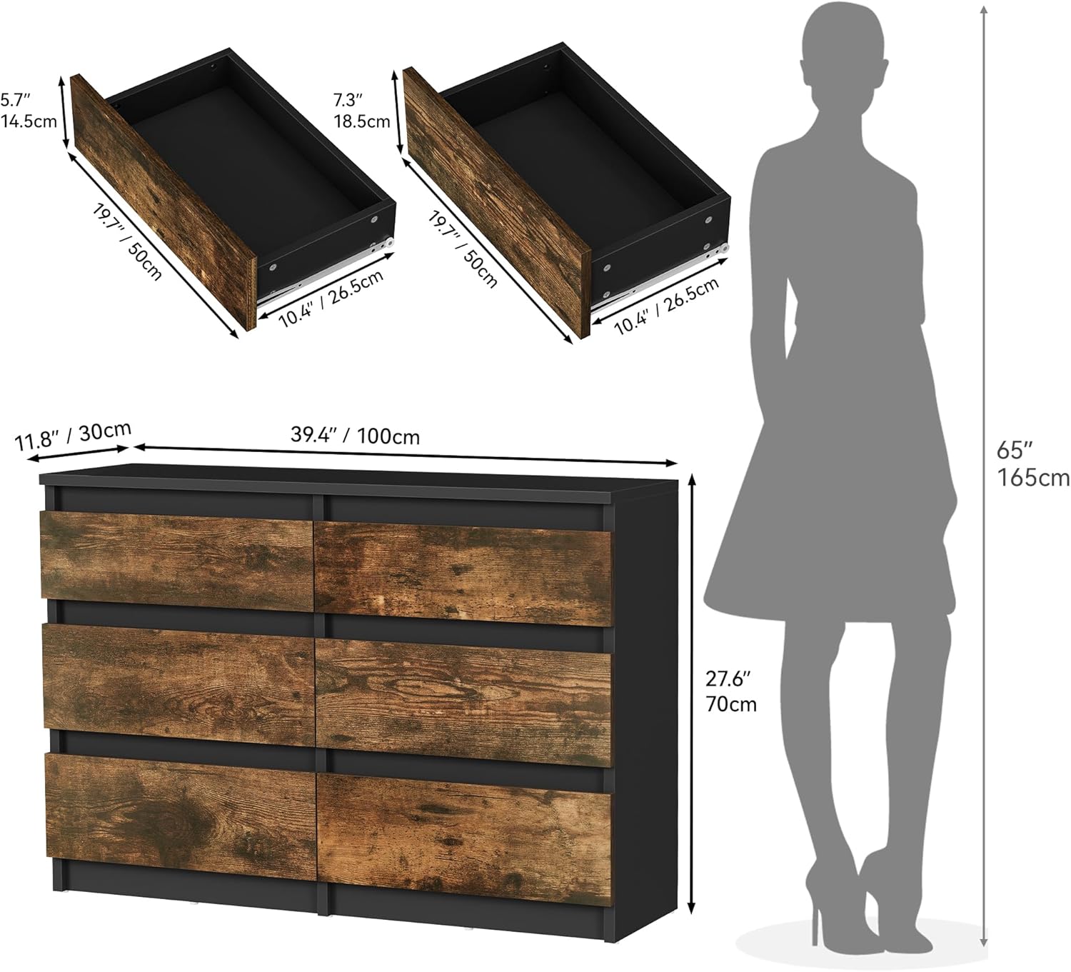 YITAHOME Commode met 6 lades, 100 x 30 x 70 cm, moderne slaapkamerkast, gemaakt van duurzaam MDF en spaanplaat, ideaal voor kleding en dagelijkse benodigdheden, zwart 