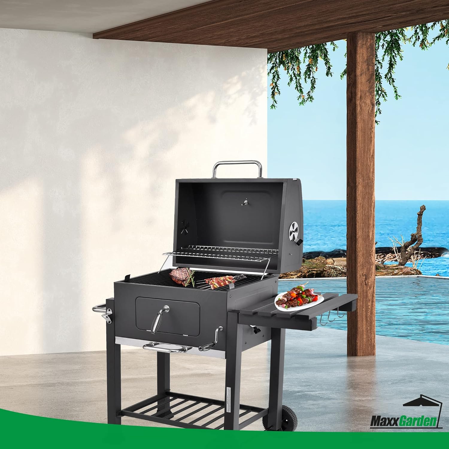 MaxxGarden Barbecue au Charbon - Barbecue de Bois - BBQ - Grill - Transportable - 118 cm - Noir