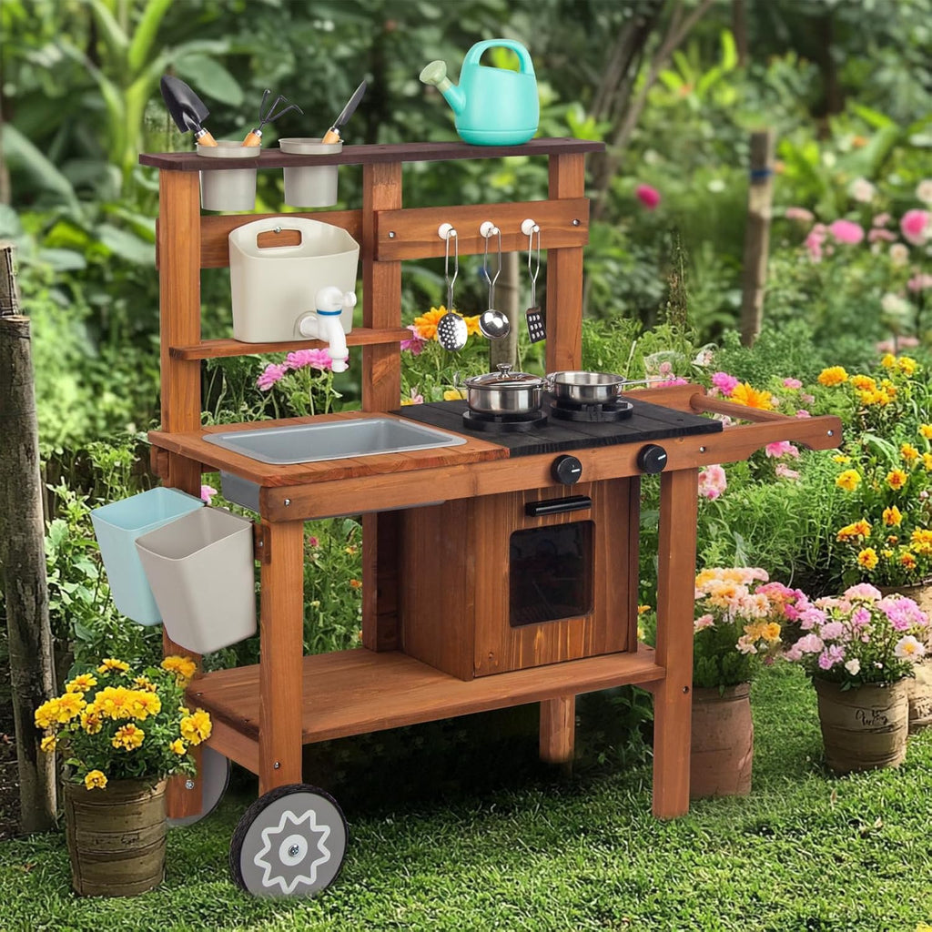 Jeux de plein air Cuisine Jardin Jeux Cuisine Boue Cuisine Enfants Extérieur avec Roues, Bouilloire, Évier, Bac à Plantes en Bois, Cuisine Enfants