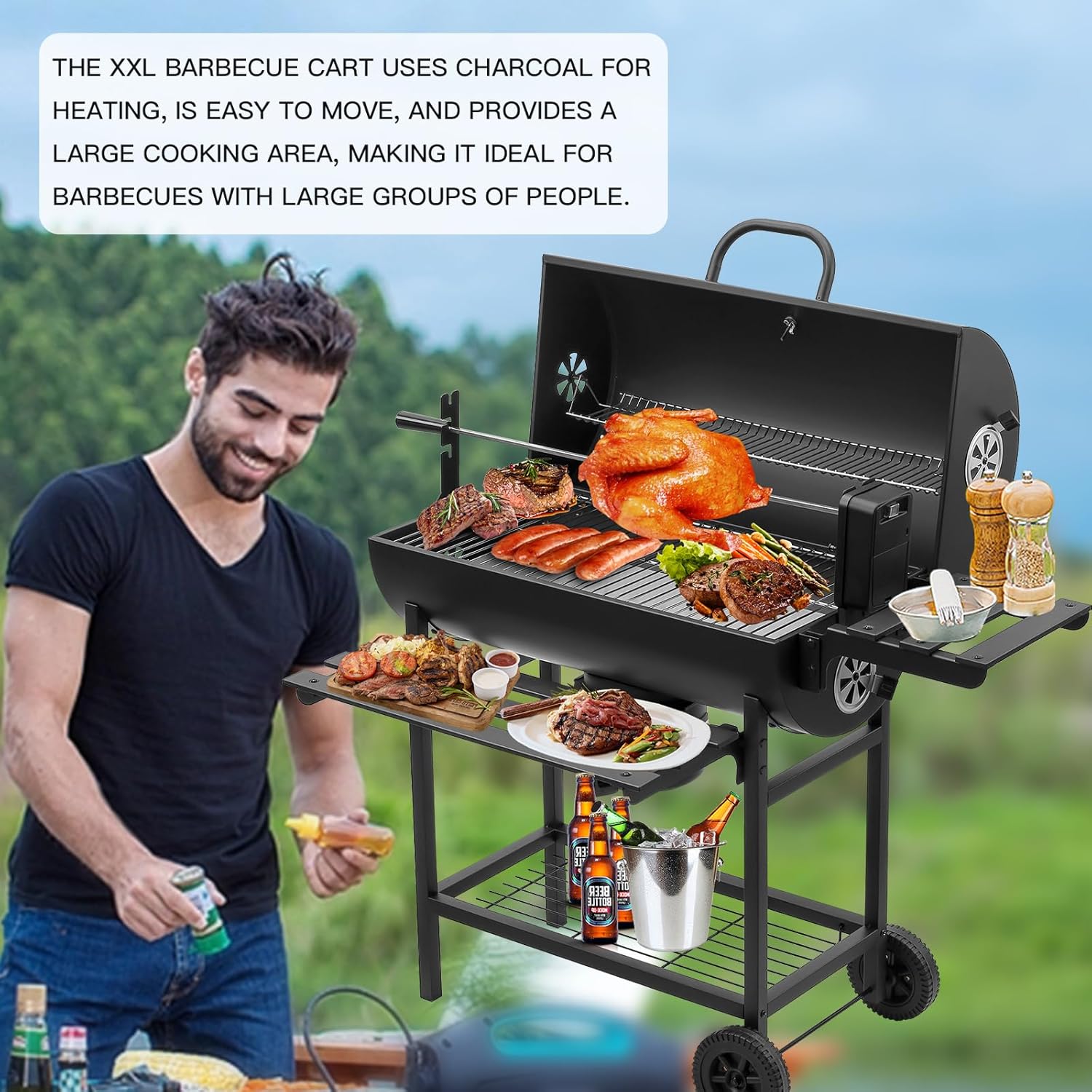 Grill à charbon TEENO, gril de cuisson XXL, gants anti-brûlure, thermomètre, tiroir à cendres,