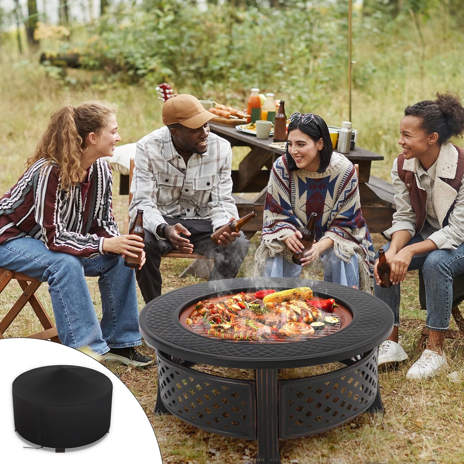 Foyer de barbecue extérieur avec protection, foyer de jardin 3 en 1 chauffé pour l'hiver