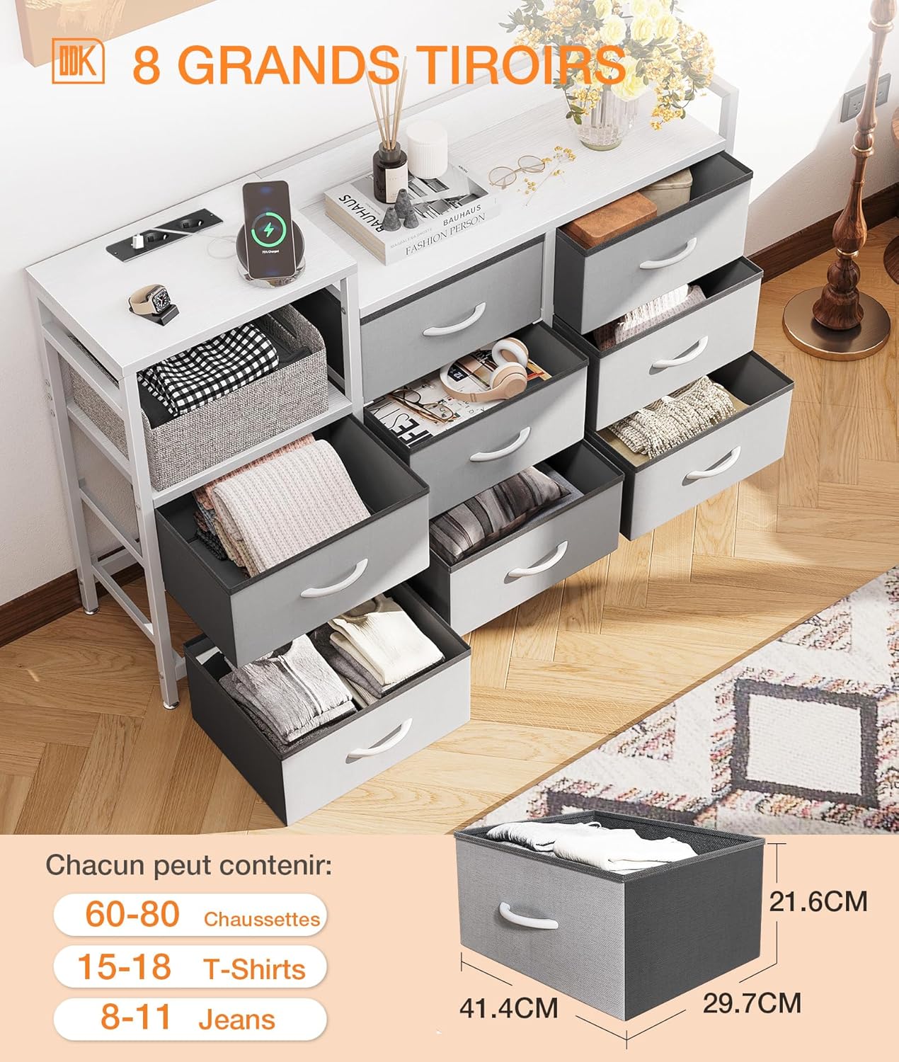 ODK Slaapkamerkast met 2 USB-poorten en 2 stopcontacten, multifunctionele ladekast voor slaapkamer en woonkamer – Stabiel en duurzaam dressoir, 132 x 30 x 88 cm, Vintage en zwart 