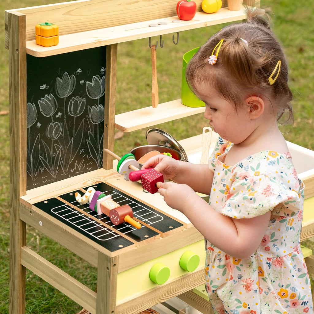 Cuisine extérieure pour enfants, cuisine en bois de luxe pour garçons et filles de 3 à 8 ans, pour jouer à l'intérieur et à l'extérieur, avec évier, casseroles et poêles et accessoires de cuisine