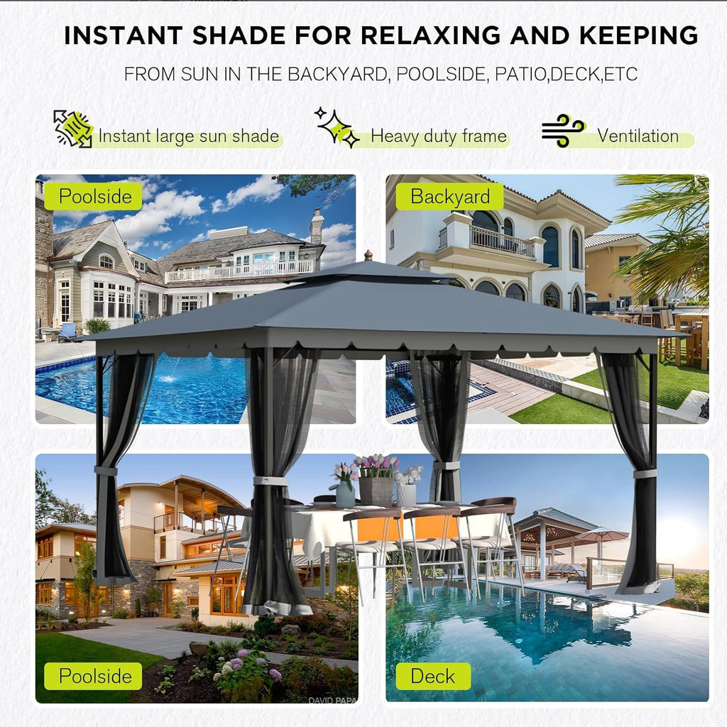 Tonnelle 10x12 avec écran, tonnelle d'extérieur en métal robuste, tente à auvent à cadre robuste avec double toit gonflable, tonnelle de patio coupe-vent et imperméable