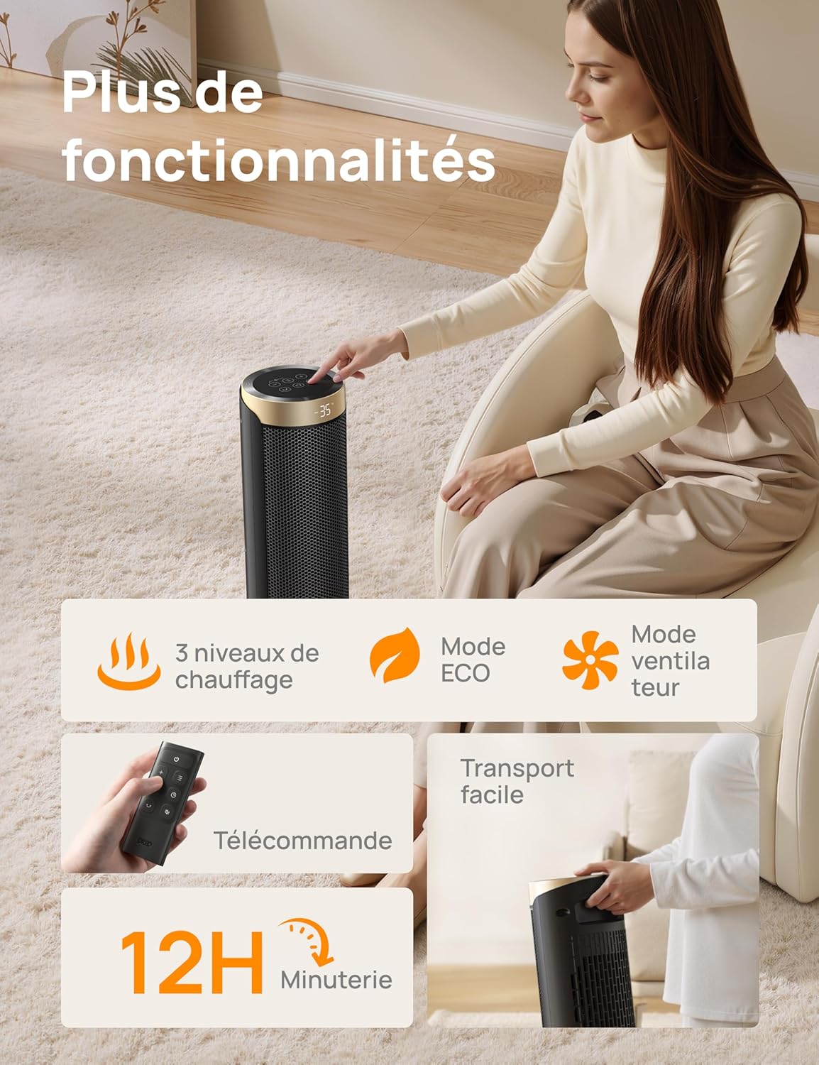 Système de chauffage Dreo, télécommande en céramique, protection contre l'inclinaison et la surchauffe