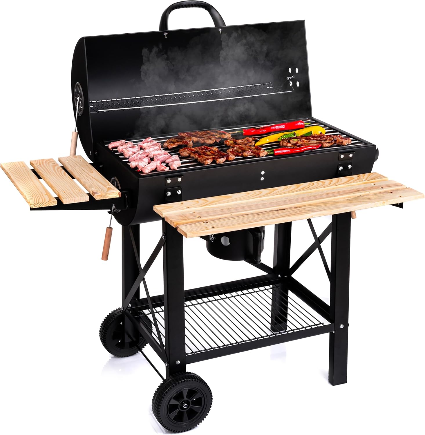 LEHMANN XL Houtskoolbarbecue met twee houten roosters, deksel, wielen en een handvat dat niet verhit wordt. Houtskoolbarbecue voor tuin, terras en camping. 