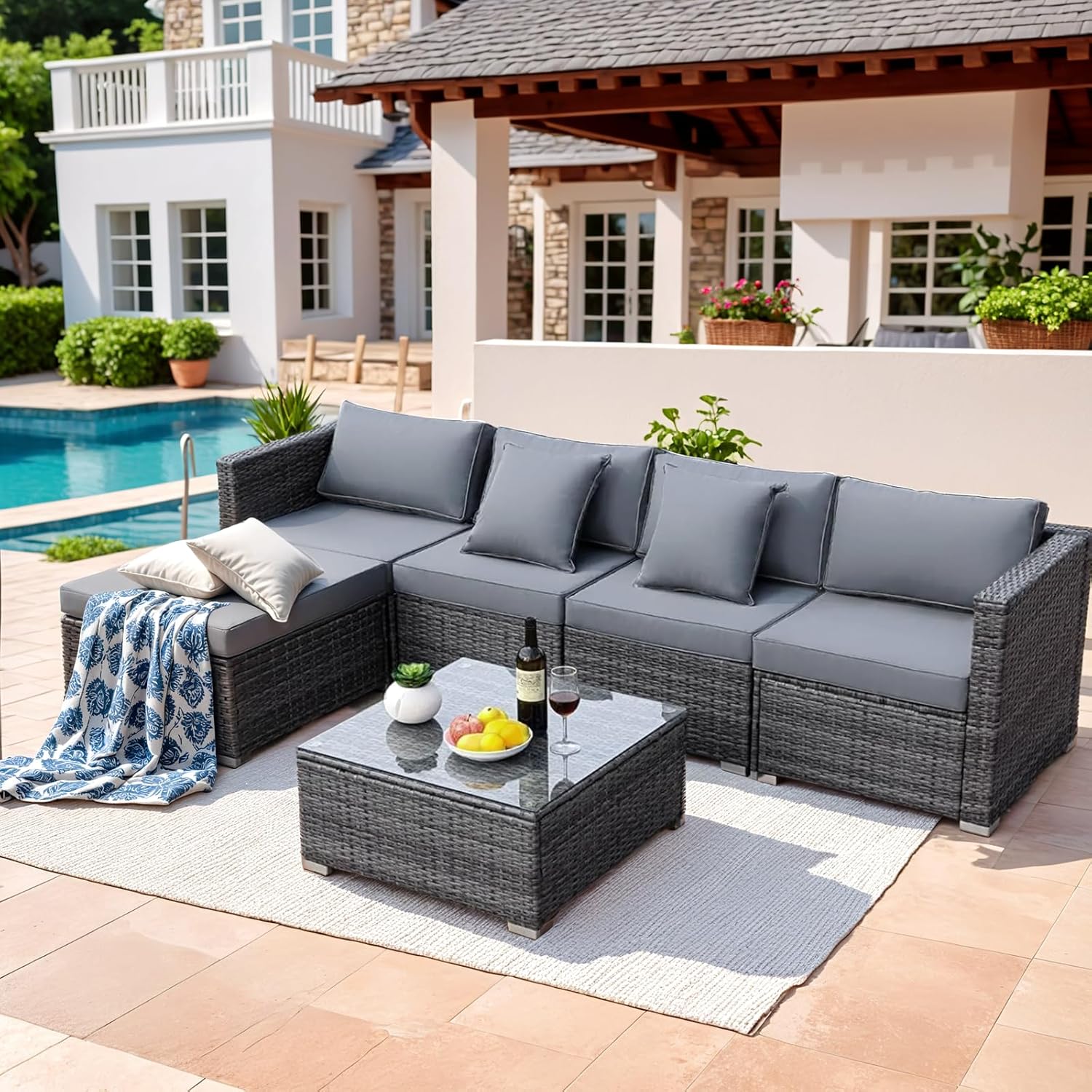 Ensemble de 6 meubles de jardin en rotin synthétique, canapés modulables pour 7 personnes, salon de jardin résistant aux intempéries avec 2 canapés d'angle, 2 fauteuils, 1 table basse avec plateau en verre