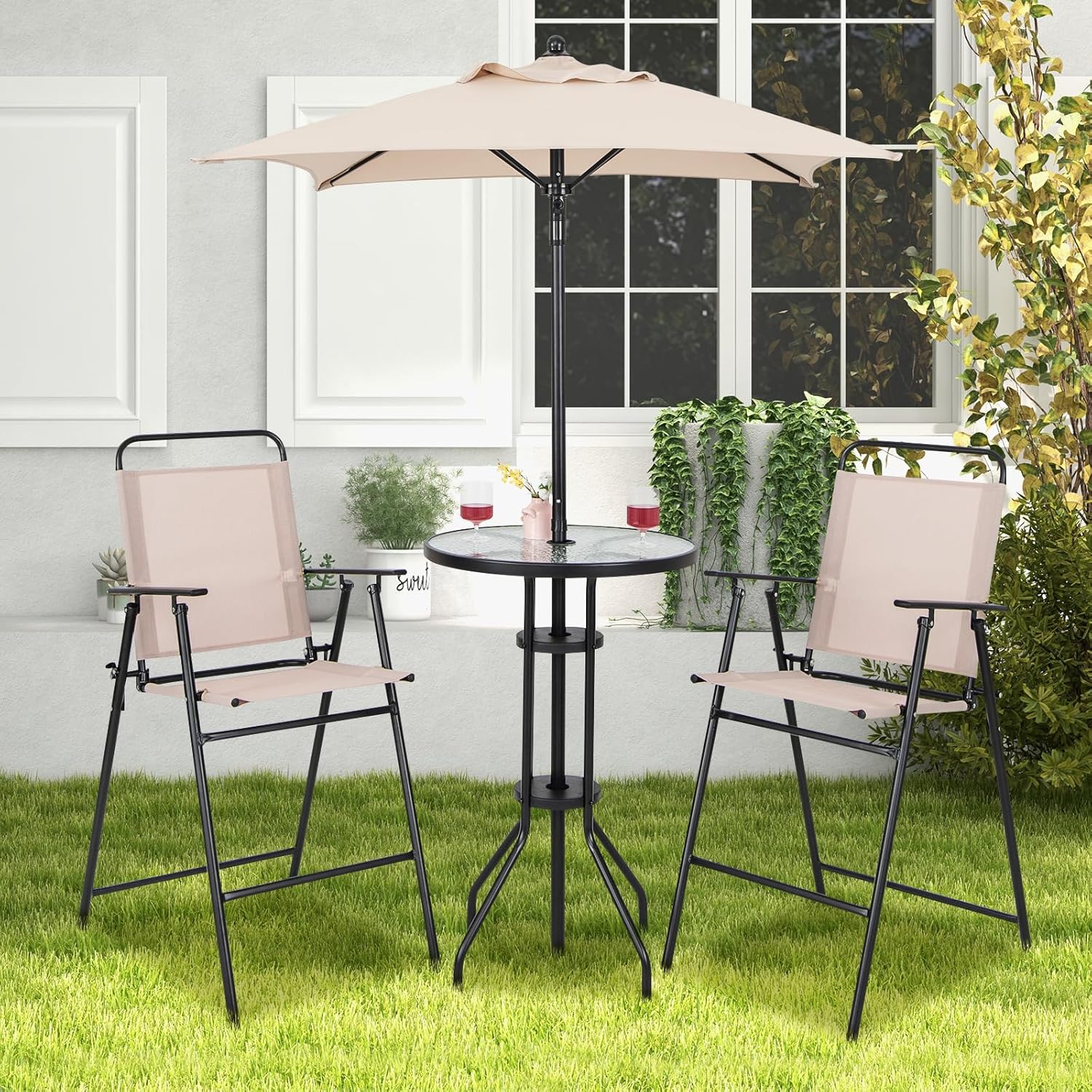 Ensemble bistrot KOMFOTTEU, salon de jardin avec parasol, table avec trou pour parasol, 2 chaises pliantes, ensemble table et chaises de patio, mobilier d'extérieur pour balcon