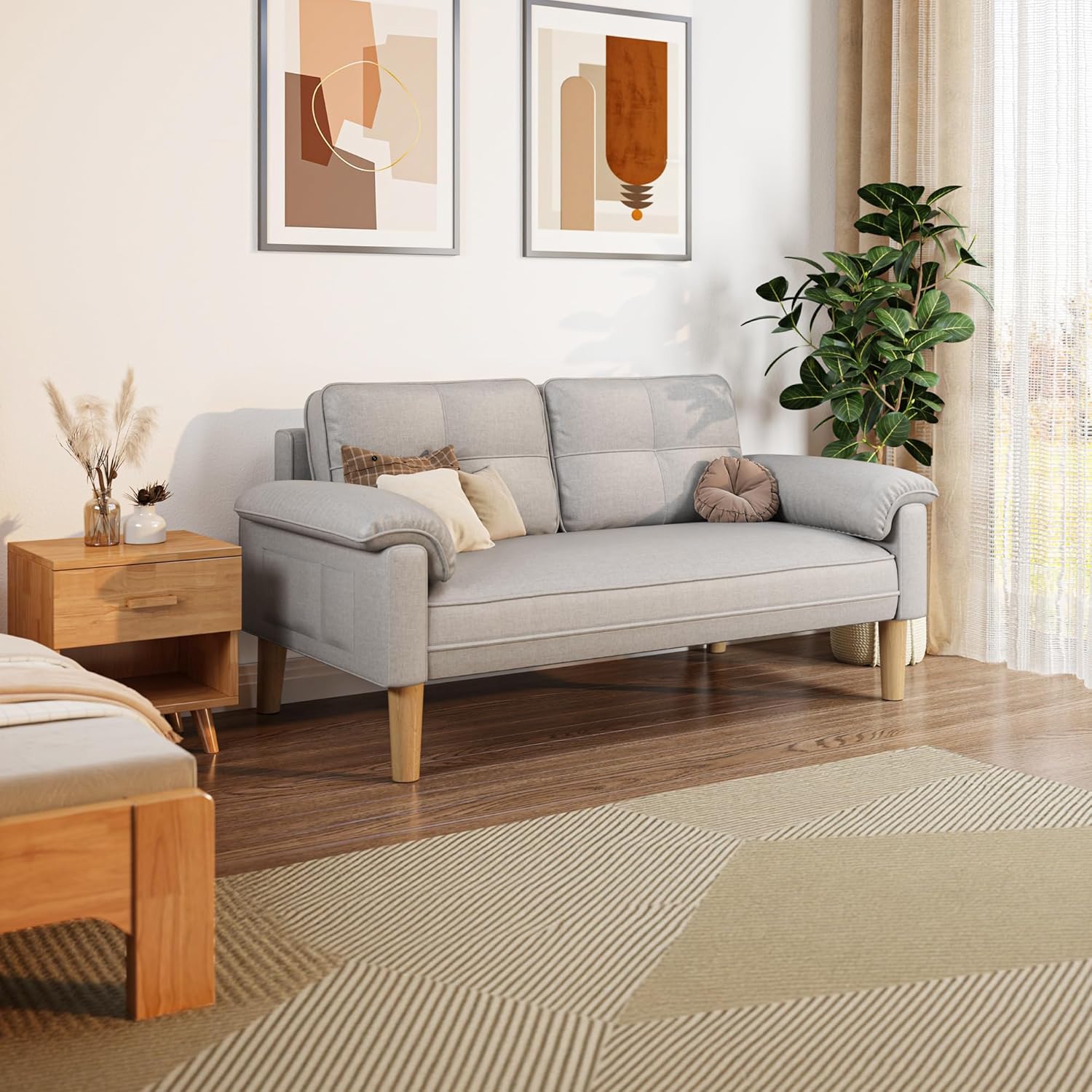 Xbro 2-zitsbank - Kleine 2-zitsbank met armleuningen en zijvak, moderne bank voor woonkamer, appartement, kantoor, eenvoudig te monteren, 144 x 77 x 77 cm, donkergrijs 