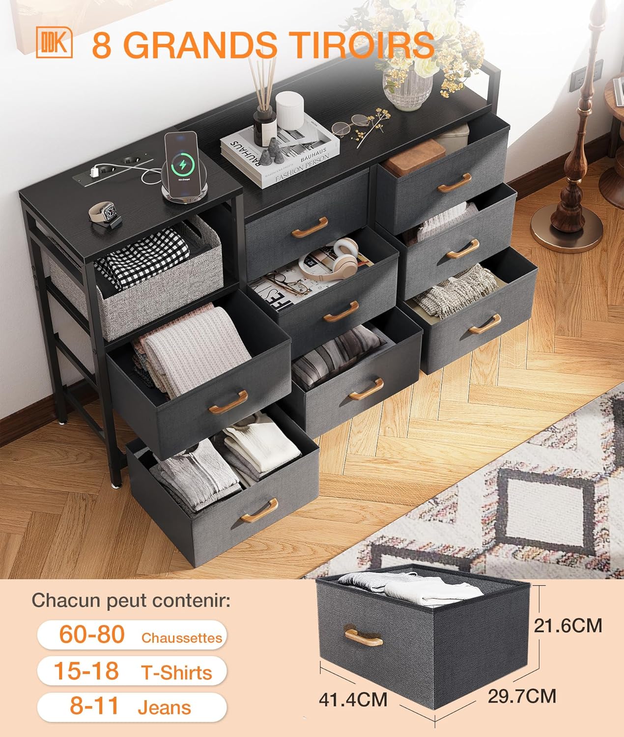 ODK Slaapkamerkast met 2 USB-poorten en 2 stopcontacten, multifunctionele ladekast voor slaapkamer en woonkamer – Stabiel en duurzaam dressoir, 132 x 30 x 88 cm, Vintage en zwart 