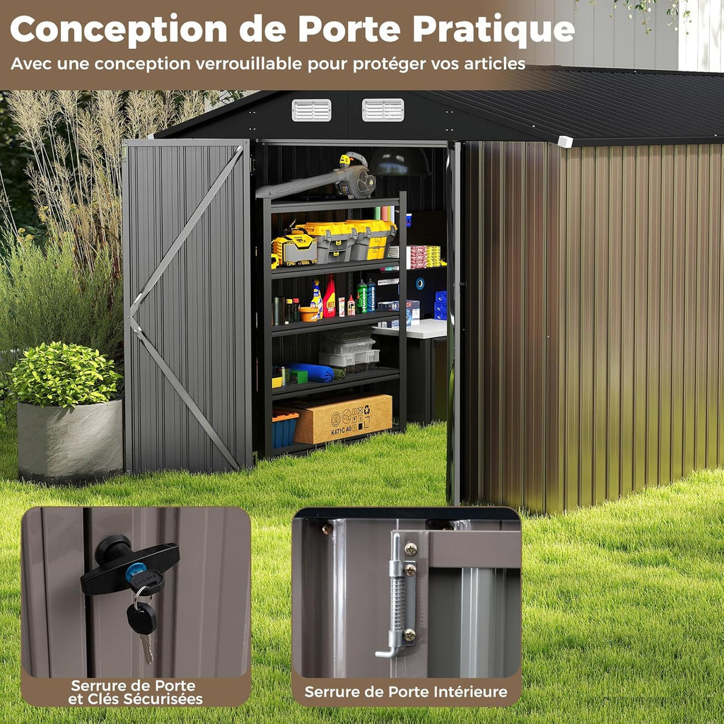 Abri de jardin en métal Costway, 7,8 m², toit à double pente, porte double verrouillable avec clé, 4 aérations, abri de jardin extérieur pour vélo, poubelle, outils, anthracite (7,8 m²)