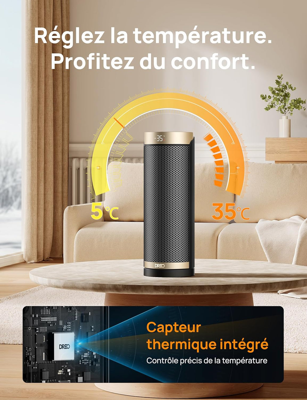 Système de chauffage Dreo, télécommande en céramique, protection contre l'inclinaison et la surchauffe