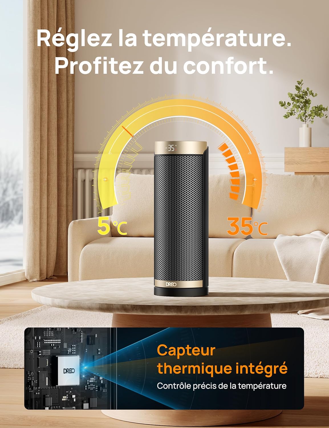 Système de chauffage Dreo, télécommande en céramique, protection contre l'inclinaison et la surchauffe