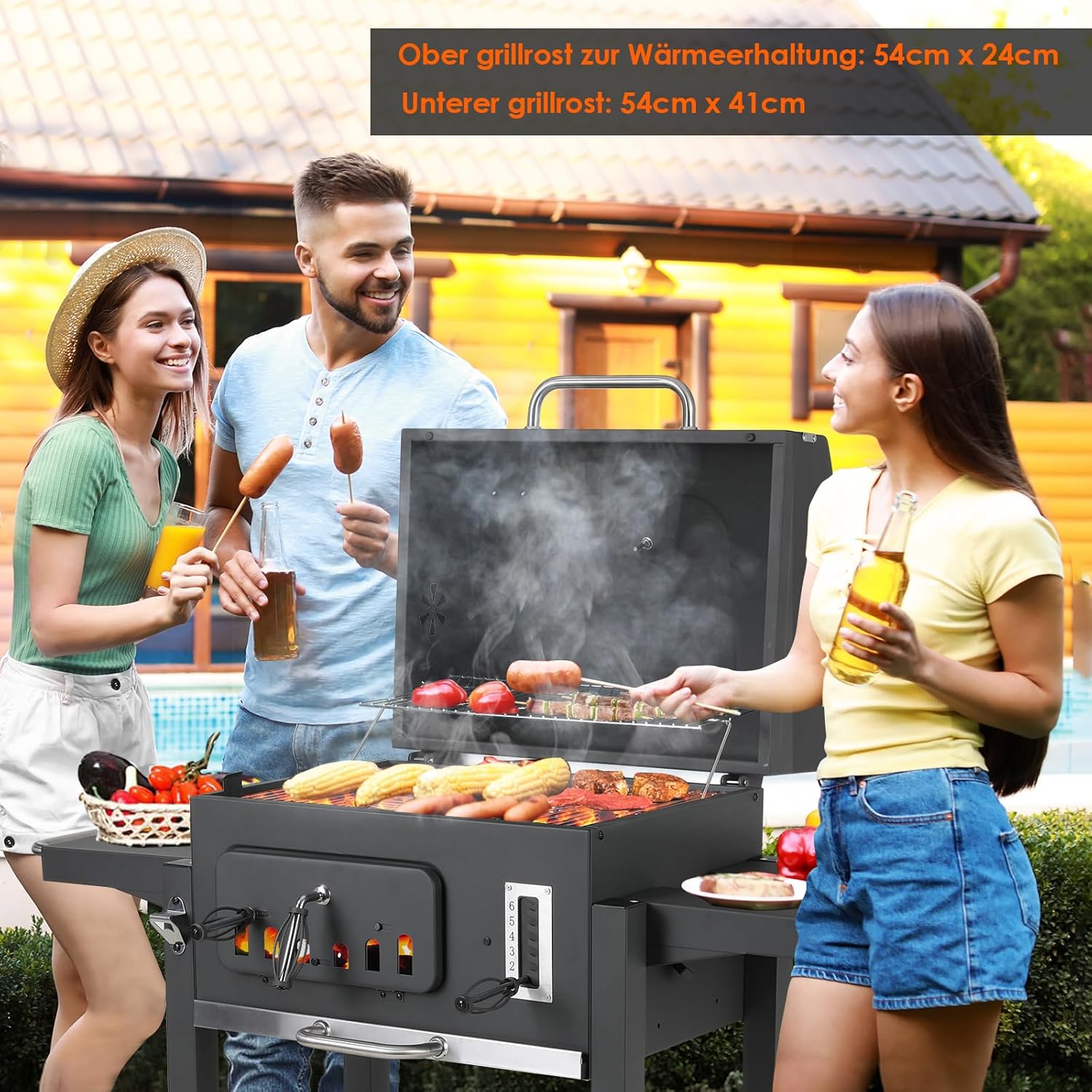 Barbecue Charbon de Bois, Chariot à Barbecue XXL, Grand Barbecue au Charbon de Bois, Grill à Charbon avec Couvercle, 2 Tables d'Appoint, Roues et Thermomètre, BBQ Fumoir, Barbecue de Jardin, Gris