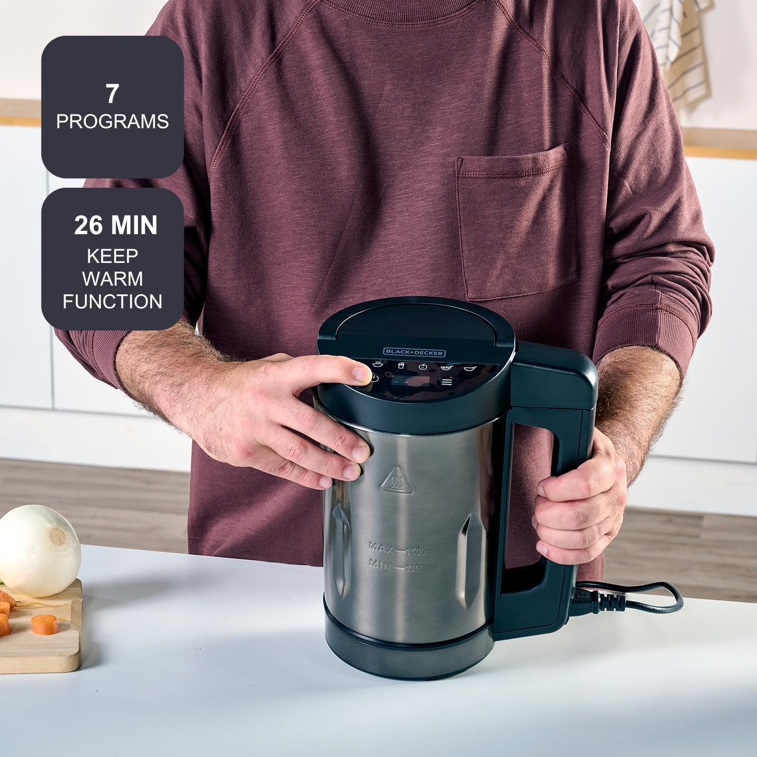 BLACK+DECKER BXSM1000E - Soepmaker 1040W | Roestvrijstalen kan 1,6L | 7 automatische programma's | Smoothies, compotes en soepen | Warmhoudfunctie | Digitaal display | BPA-vrije materialen 