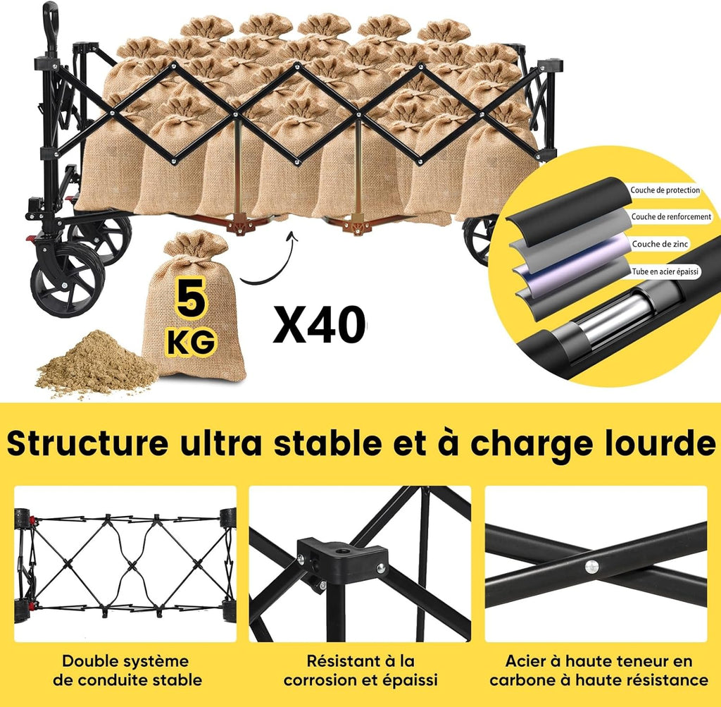 Chariot de transport pliable Sekey XXXL avec frein, chariot de jardin de plage