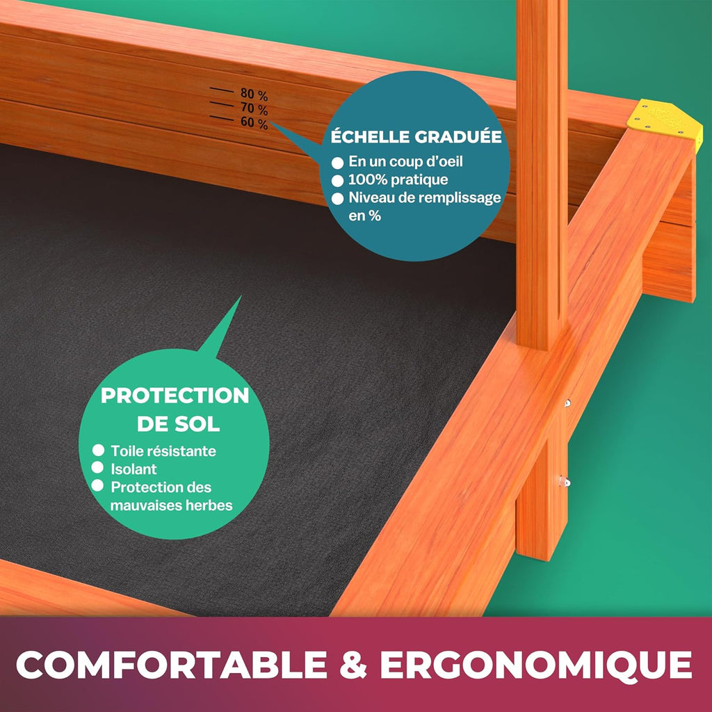Bac à sable en bois 120 x 120 cm Tapis de sol Toit réglable Protection UV 50+
