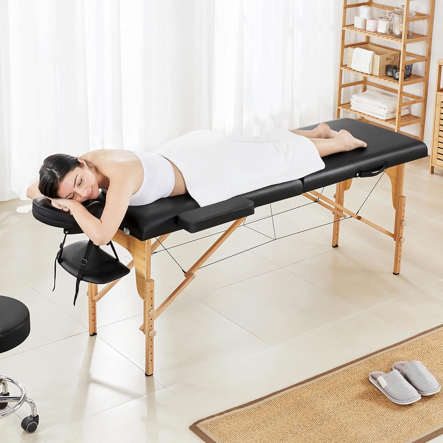 Yaheetech opklapbare massagetafel 70 cm, professioneel massagebed in 2 delen, massief houten tafelbank, cosmetische therapie, zwart 