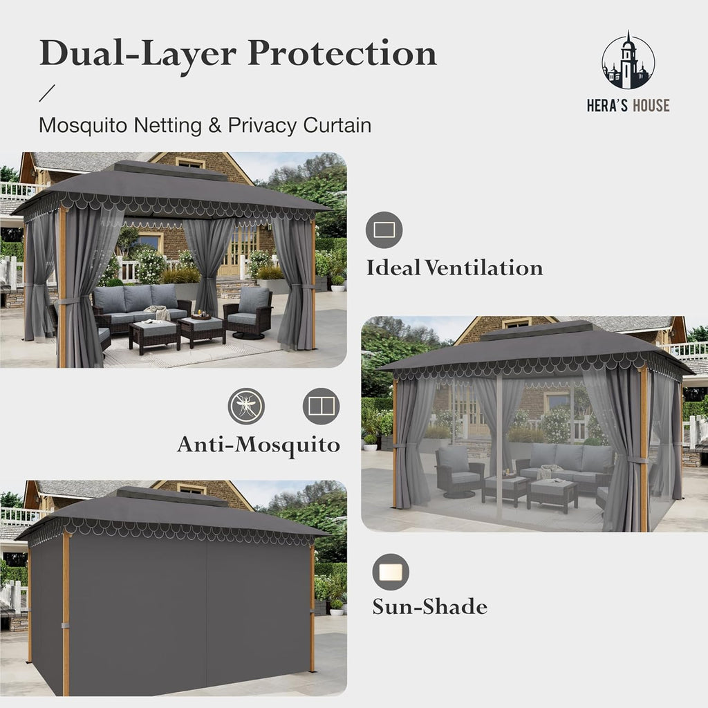 Gazebo 10 x 13, gazebo extérieur abrité, tente à auvent en métal robuste avec double toit et moustiquaire