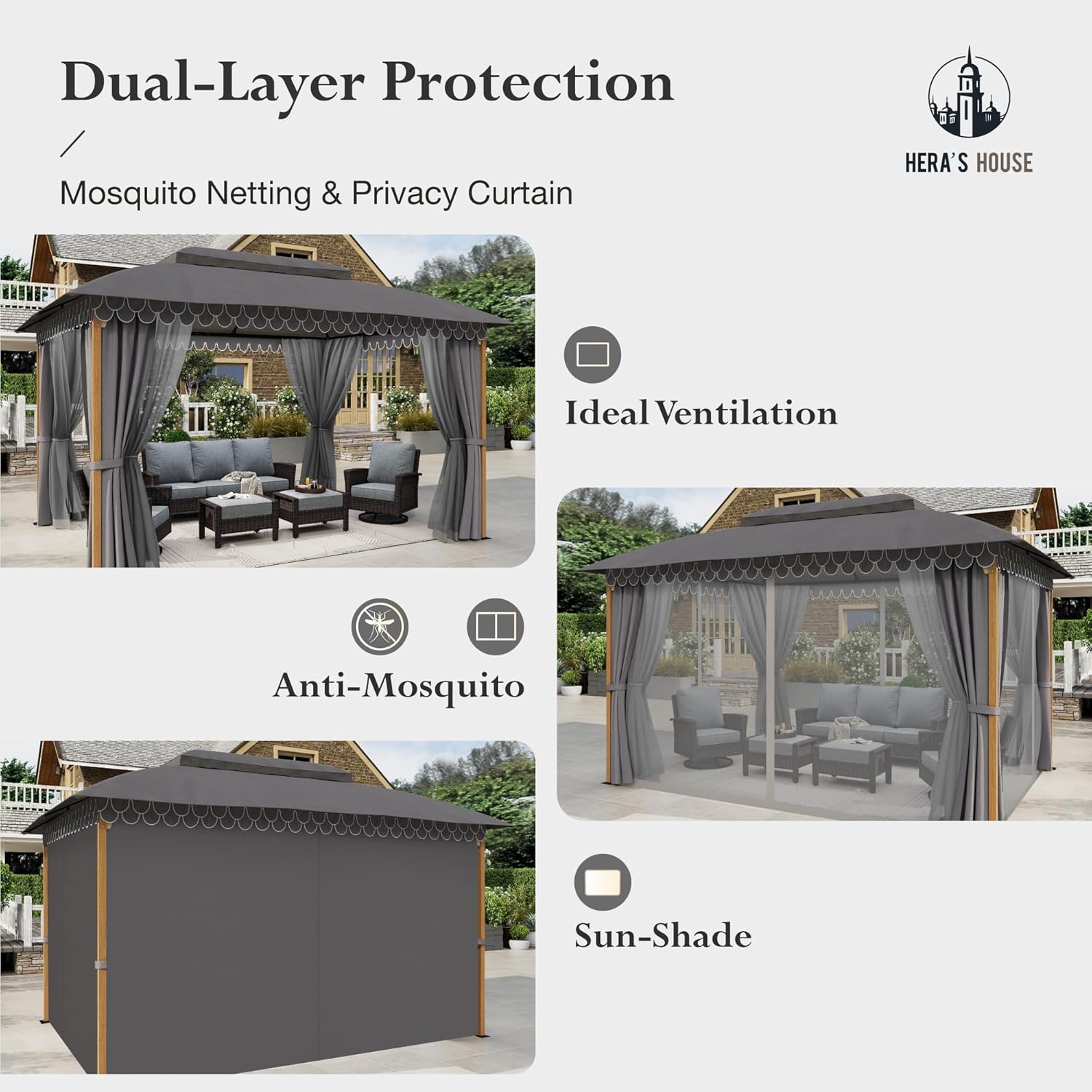 Gazebo 10 x 13, gazebo extérieur abrité, tente à auvent en métal robuste avec double toit et moustiquaire