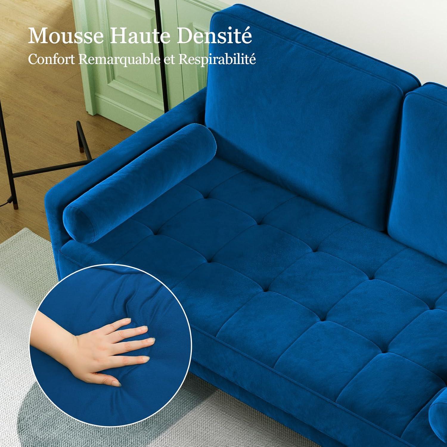 Vesgantti petit canapé gris, canapé en velours avec coussins à ressorts, accoudoirs