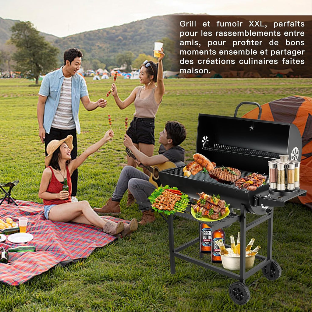 Barbecue au charbon de bois avec grille de cuisson XXL, gants anti-brûlures, thermomètre, tiroir à cendres, aérations réglables
