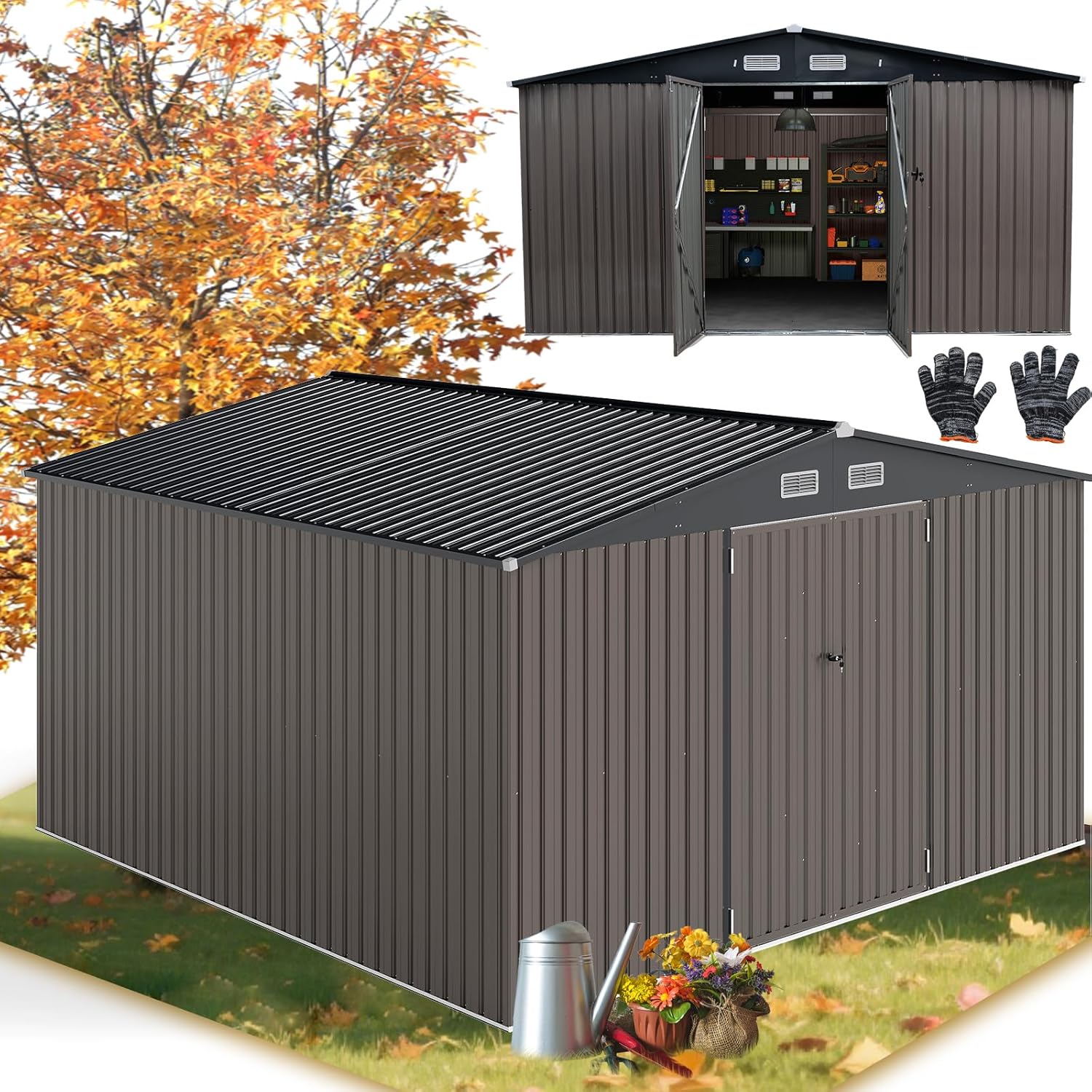 RELAX4LIFE Abri de Jardin en Métal 350x223x197cm, Cabane de Stockage 15m3 8m2 avec 2 Portes, Toit Incliné, Fenêtre de Ventilation pour Vélo Tondeuse, Organisateur Extérieur pour Jardin Patio (15m³)