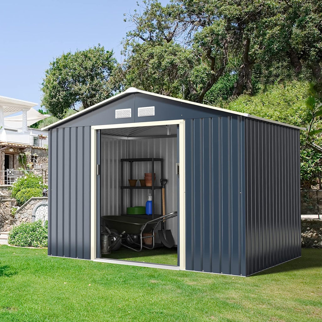 Abri de jardin en métal Costway + 1 kit d'extension avec 2 portes coulissantes verrouillables, 4 trous de ventilation, toit incliné pour vélo