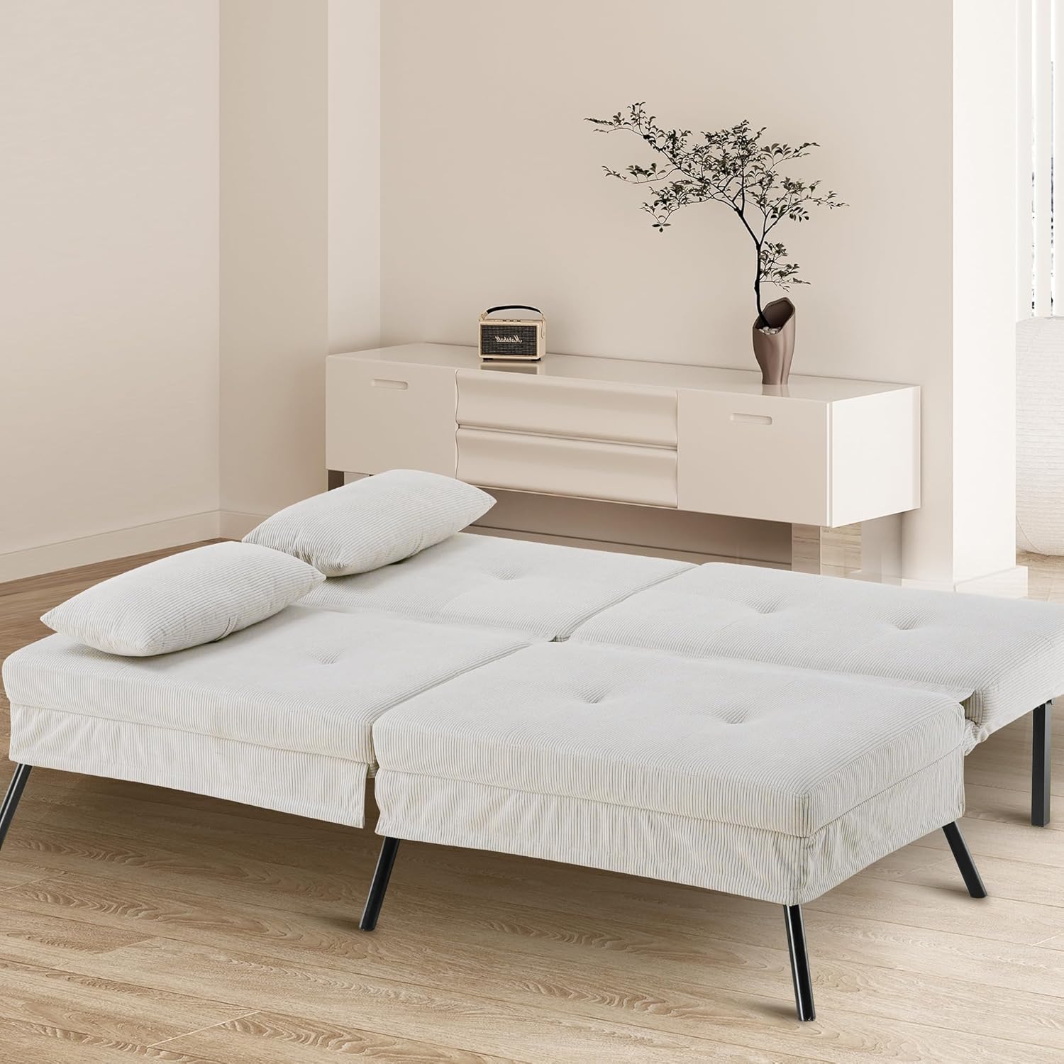 COMHOMA Slaapbank met slaapfunctie - Omvormbare futonhoes - Hoekbank - 3-zits gastenbank - met verstelbare stoffen rugleuning - Grijs 