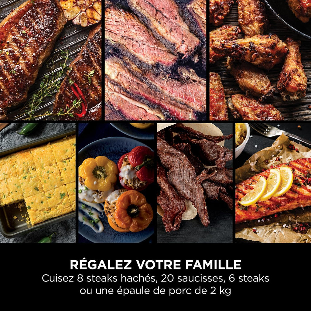 Barbecue et fumoir électrique Ninja Woodfire Pro Connect XL avec contrôle d'application, 2 sondes, grille, couvercle, doublures et brosse, gril et friteuse sans huile 7 en 1