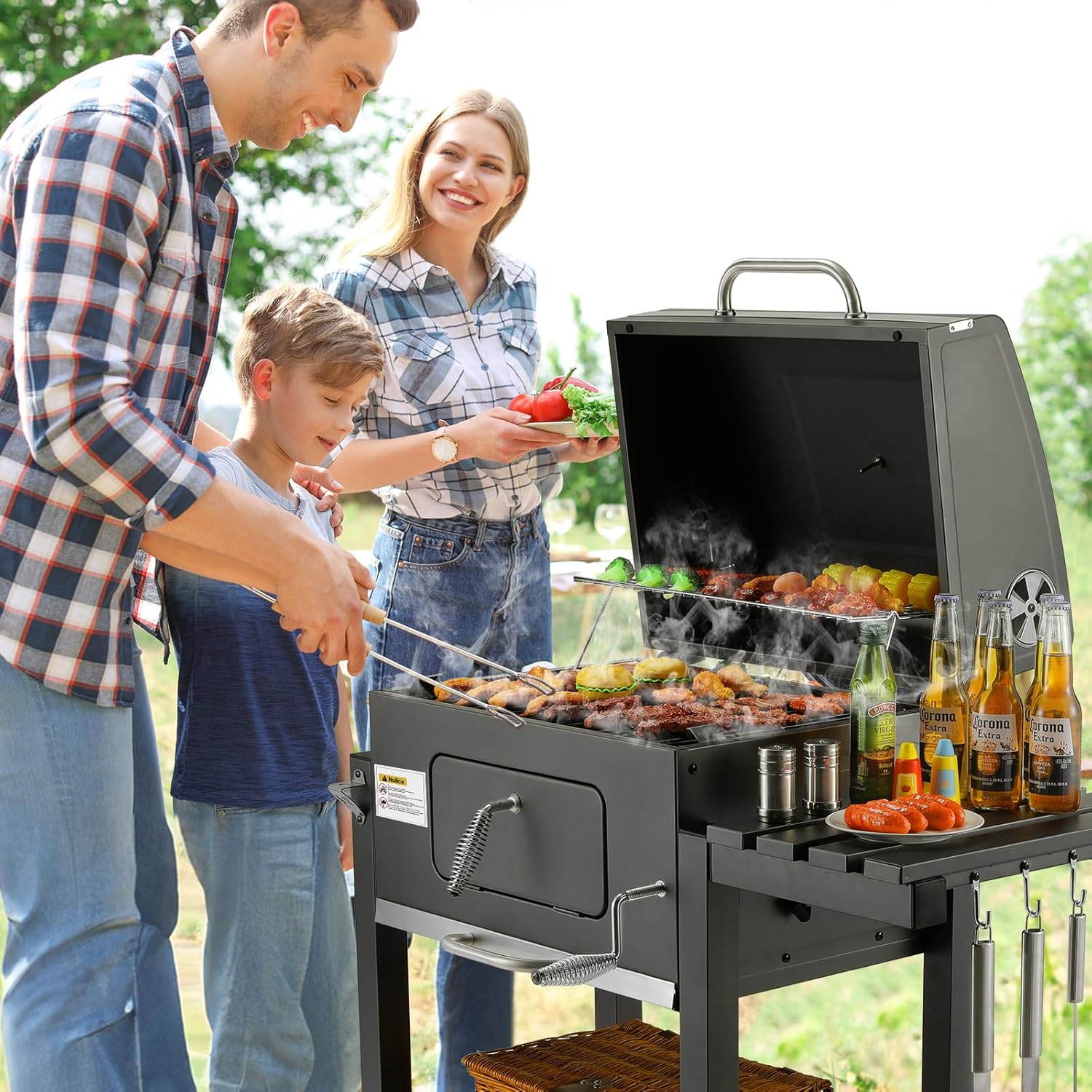 Barbecue Charbon de Bois, Chariot à Barbecue XXL, Grand Barbecue au Charbon de Bois, Grill à Charbon avec Couvercle, 2 Tables d'Appoint, Roues et Thermomètre, BBQ Fumoir, Barbecue de Jardin, Gris