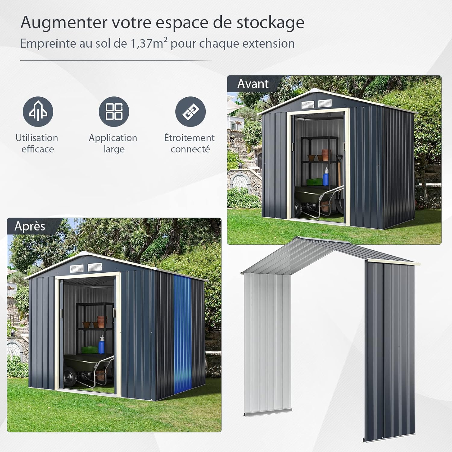 Abri de jardin en métal Costway + 1 kit d'extension avec 2 portes coulissantes verrouillables, 4 trous de ventilation, toit incliné pour vélo