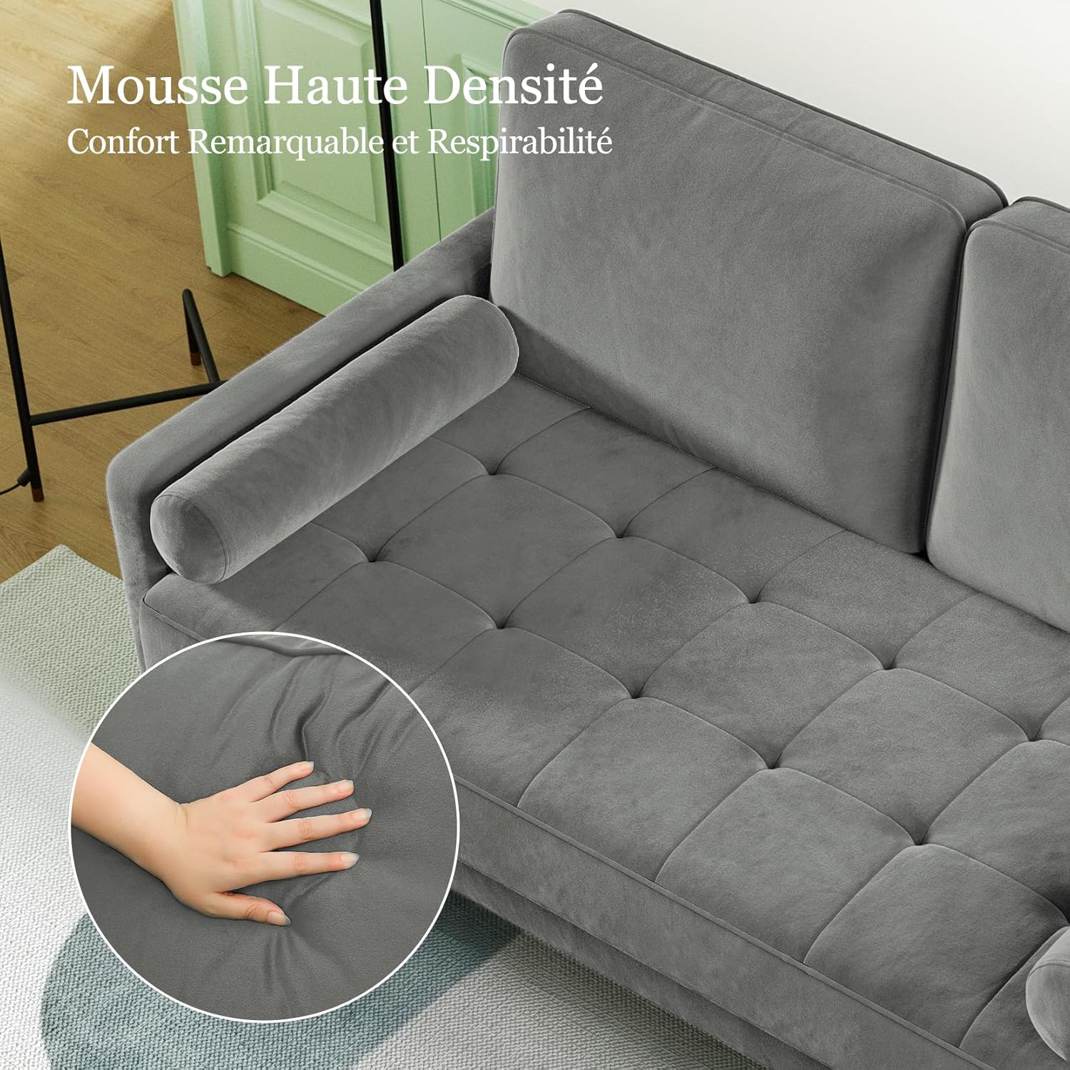 Vesgantti petit canapé gris, canapé en velours avec coussins à ressorts, accoudoirs