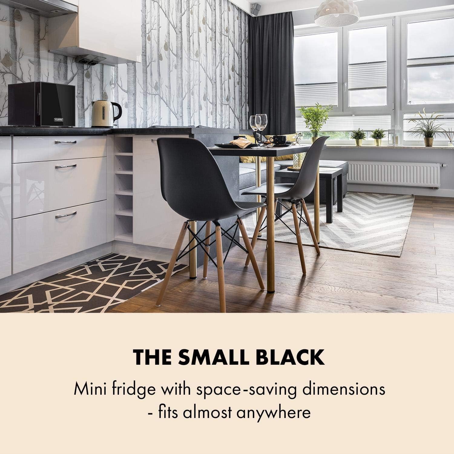 KLARSTEIN Frosty - Mini-réfrigérateur, Capacité de 10 litres, Compact, Eclairage intérieur LED blanc, 12 et 18 °C, Clayette en verre, Elégante porte, Nettoyage facile, Noir