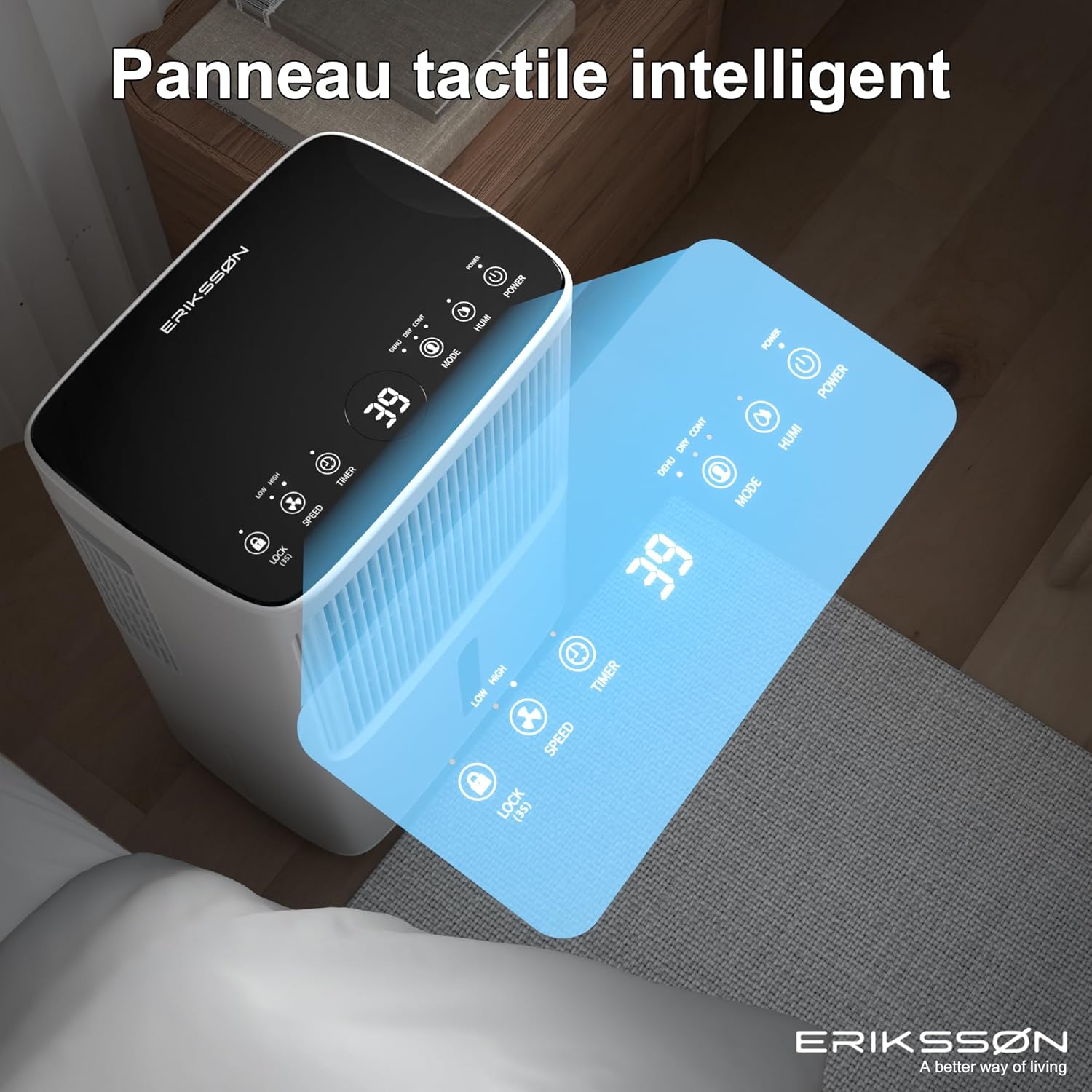 Déshumidificateur 16 litres/24 heures taille de la pièce : environ 140 m3 (70 m2), affichage LED, résistant à l'humidité  avec minuterie, économie d'énergie, avec capteur d'humidité (blanc)