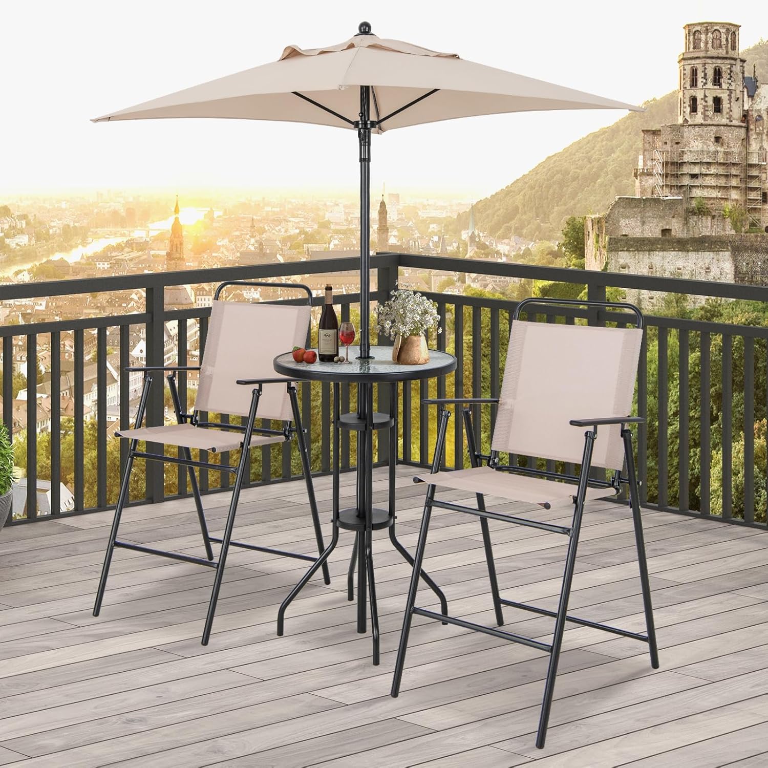 Ensemble bistrot KOMFOTTEU, salon de jardin avec parasol, table avec trou pour parasol, 2 chaises pliantes, ensemble table et chaises de patio, mobilier d'extérieur pour balcon