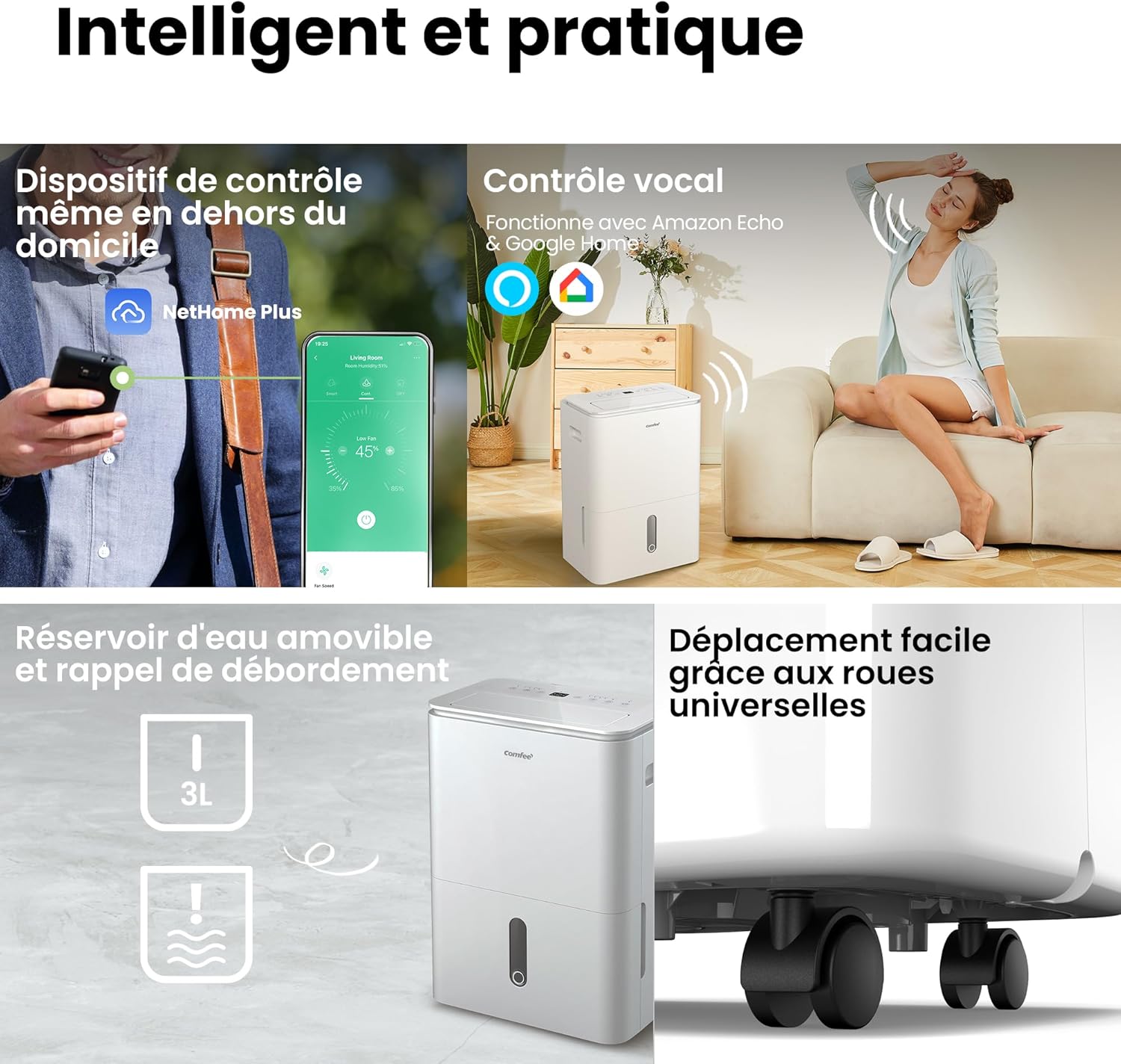 Déshumidificateur puissant COMFEE, absorbe jusqu'à 50 L/jour, sèche-linge, mode confort, grand réservoir de 6 L, minuterie 24 h, idéal pour les grandes pièces de 101 à 116 ㎡, MDDPE-50DEN7, cave, sous-sol