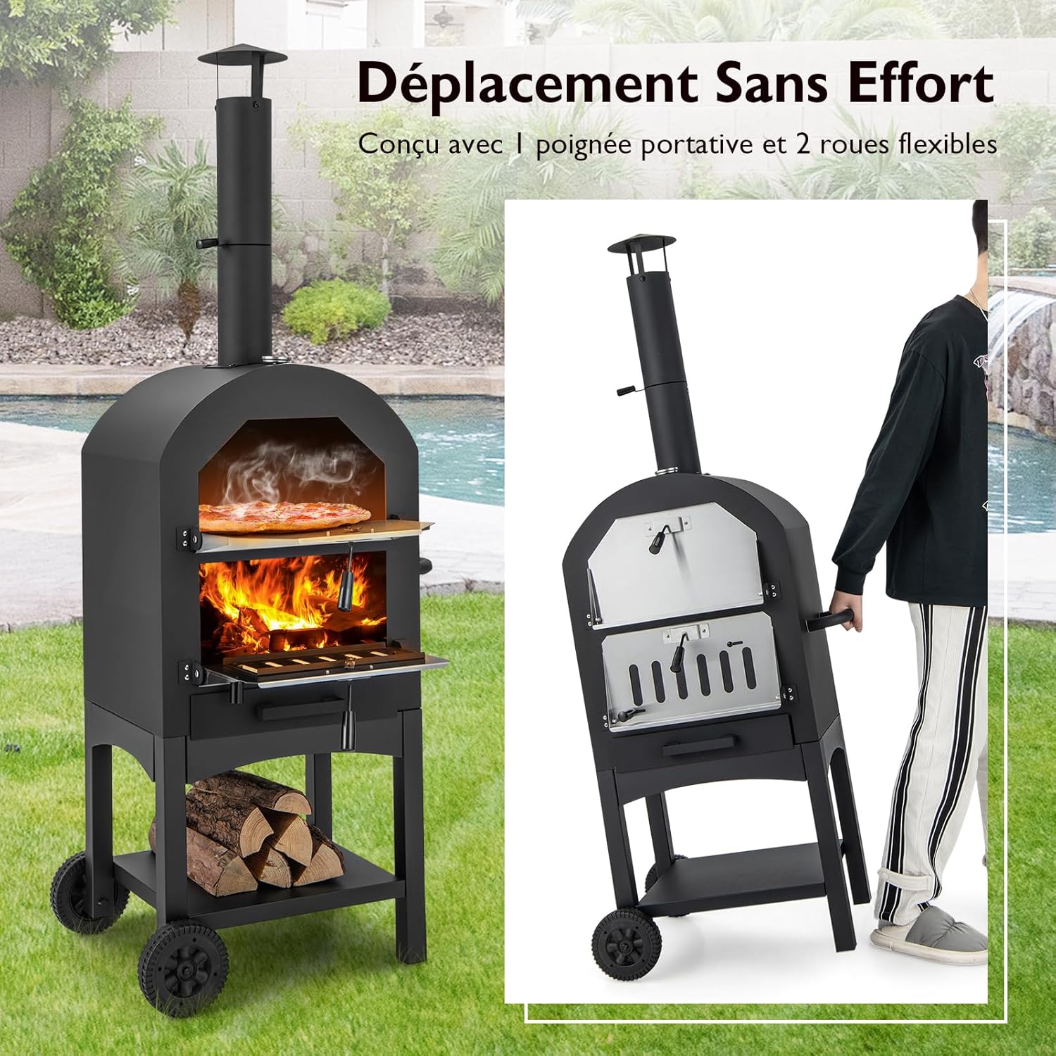 Four à pizza extérieur 162 cm four à pizza à bois ou à granulés avec pierre à pizza thermomètre grill spatule et accessoires complets cuisson pratique adapté au camping fête barbecue