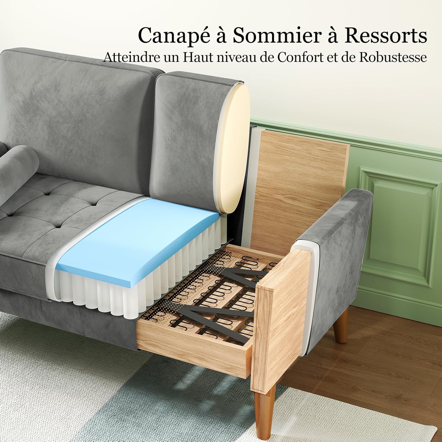 Vesgantti petit canapé gris, canapé en velours avec coussins à ressorts, accoudoirs