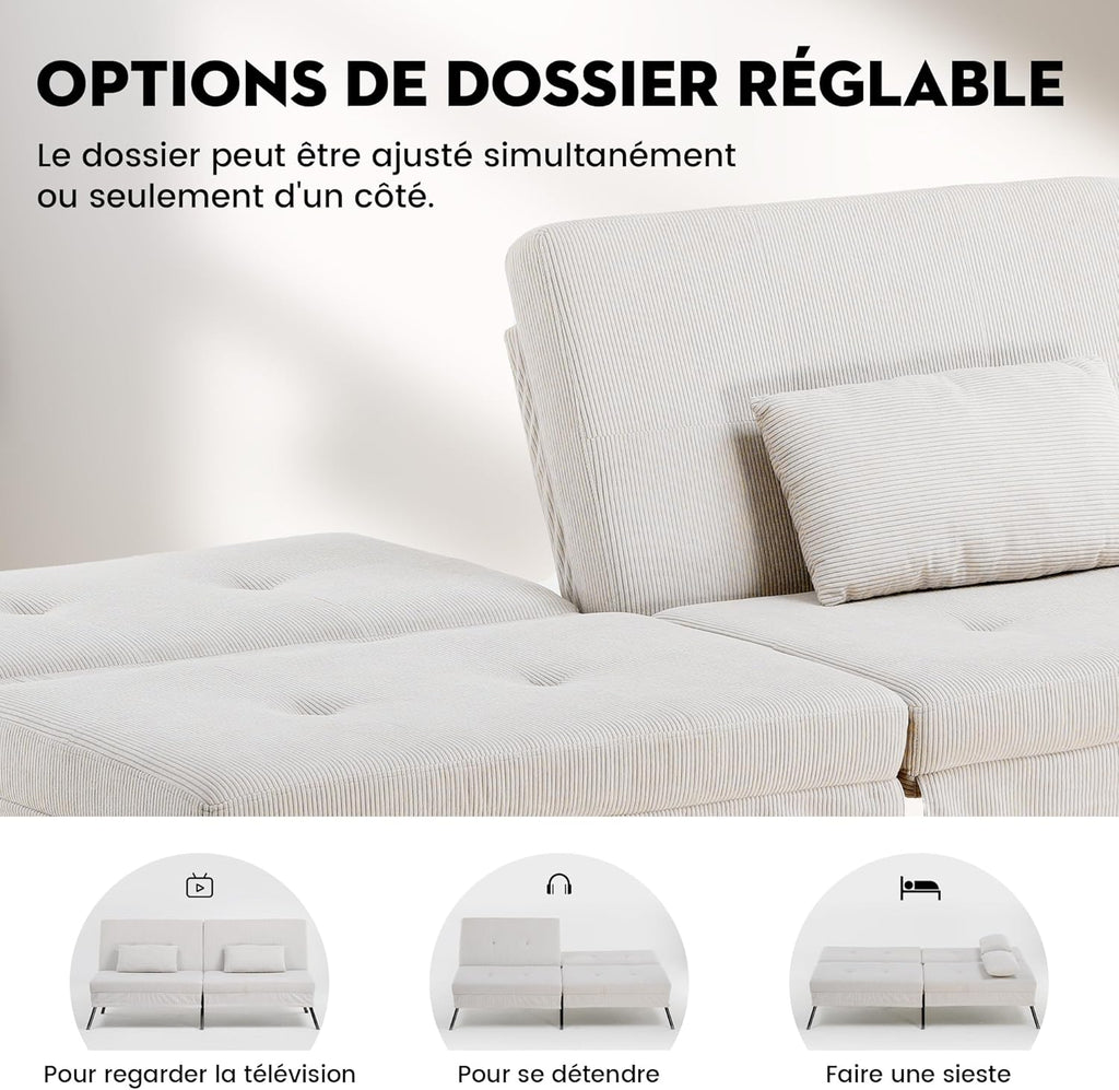 COMHOMA Slaapbank met slaapfunctie - Omvormbare futonhoes - Hoekbank - 3-zits gastenbank - met verstelbare stoffen rugleuning - Grijs 