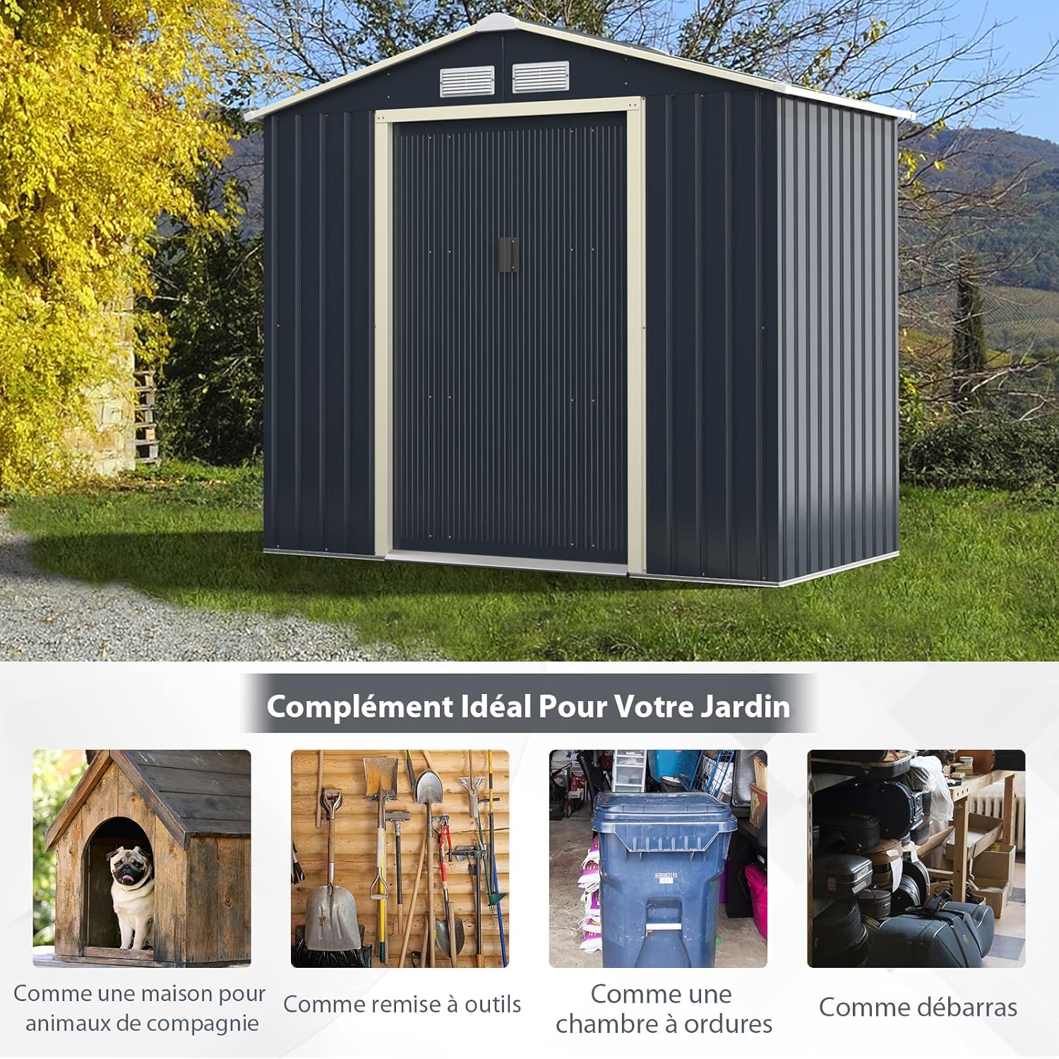 Abri de jardin en métal Costway + 1 kit d'extension avec 2 portes coulissantes verrouillables, 4 trous de ventilation, toit incliné pour vélo
