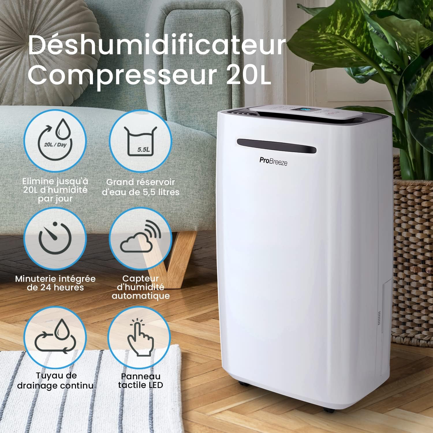 Déshumidificateur à compresseur 20 litres par jour 4 modes Séchoir Vidange continue Minuterie 24 heures Grand réservoir d'eau de 5,5 litres Résistant à l'humidité Résistant à la moisissure