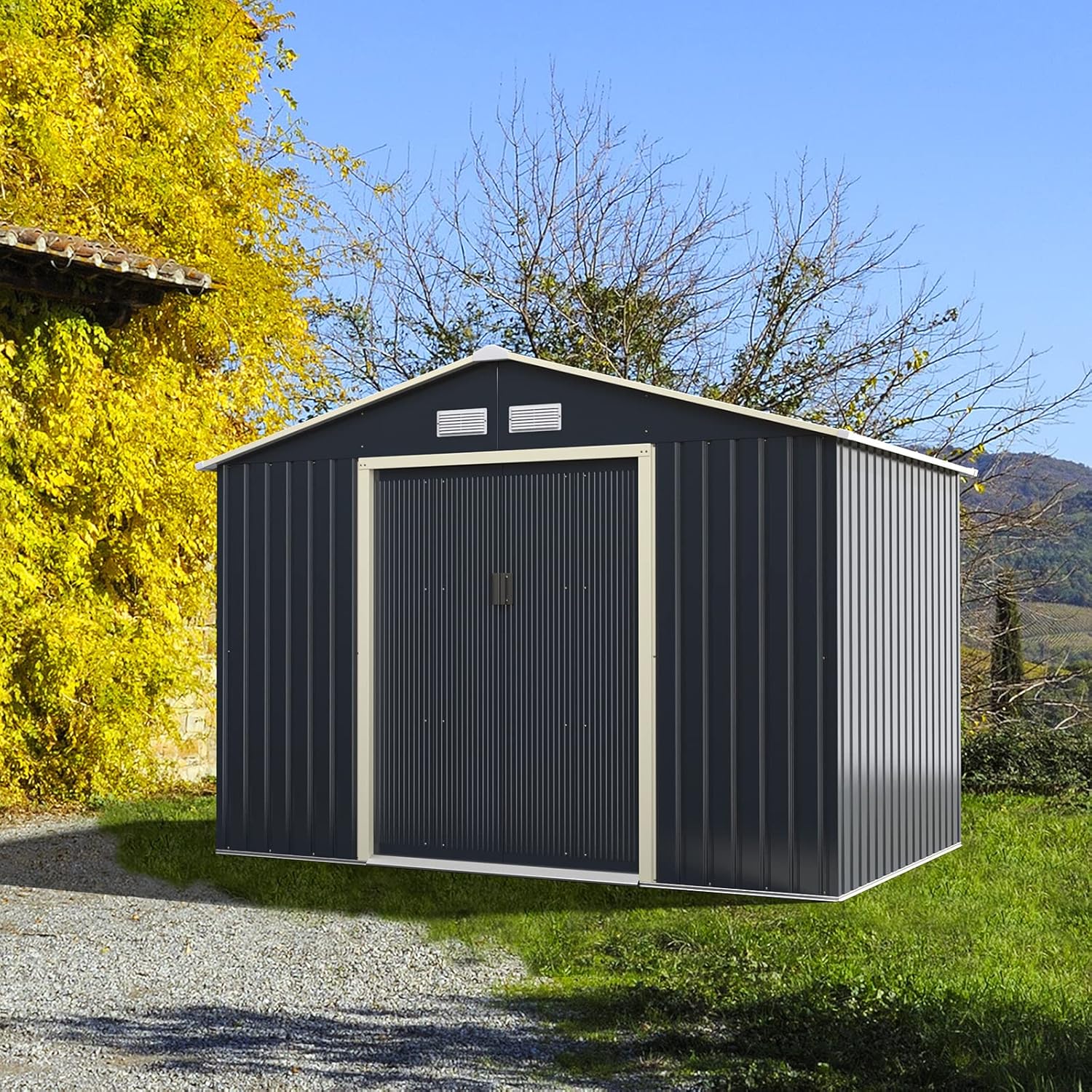 Abri de jardin en métal Costway + 1 kit d'extension avec 2 portes coulissantes verrouillables, 4 trous de ventilation, toit incliné pour vélo
