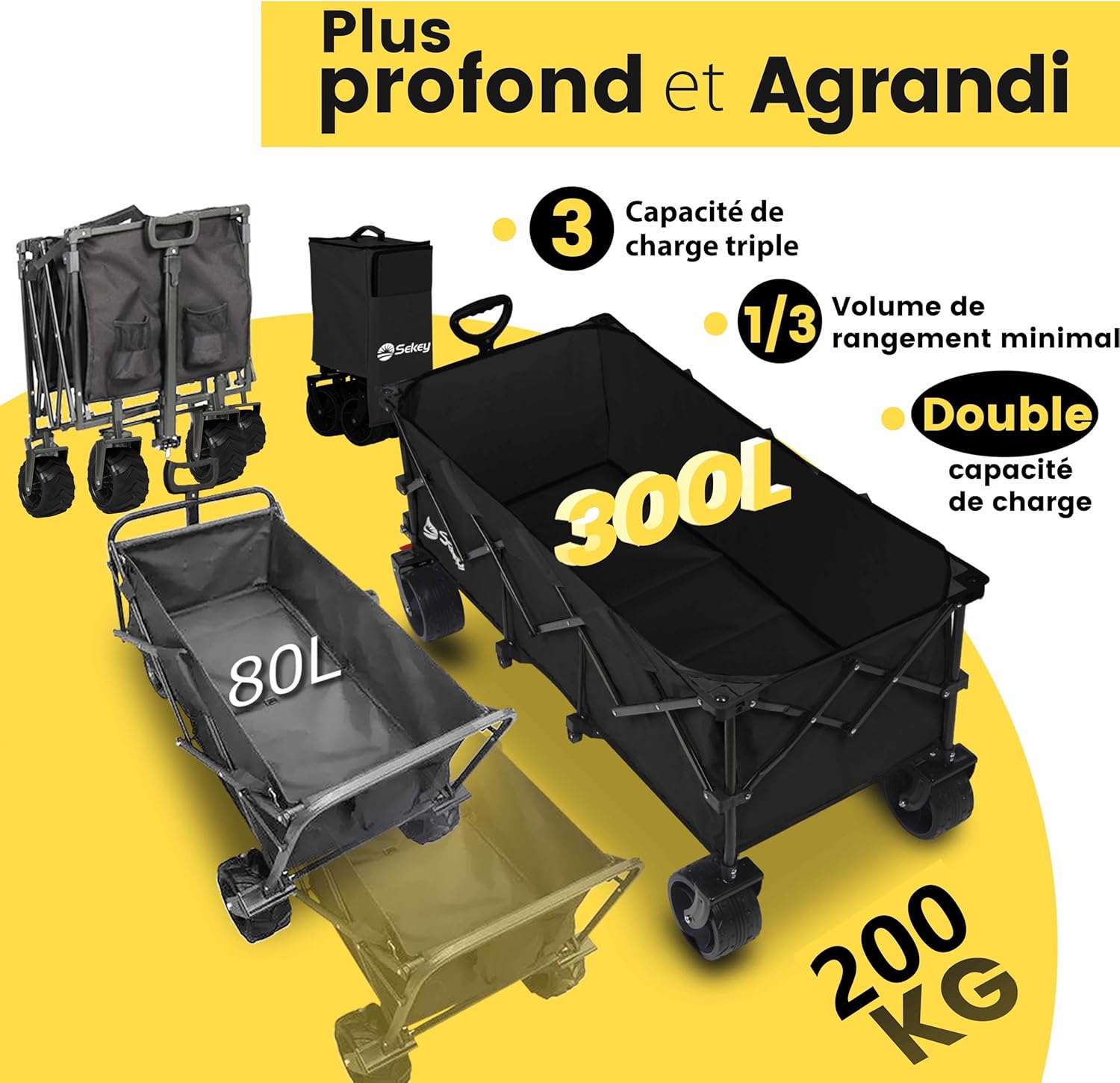 Chariot de transport pliable Sekey XXXL avec frein, chariot de jardin de plage