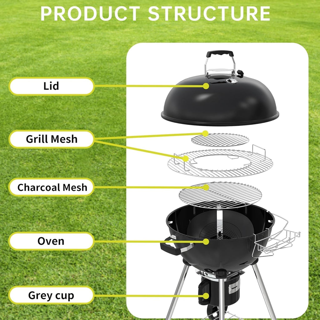 Grill à charbon TEENO, gril de cuisson XXL, gants anti-brûlure, thermomètre, tiroir à cendres,