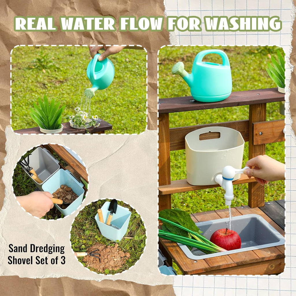 Jeux de plein air Cuisine Jardin Jeux Cuisine Boue Cuisine Enfants Extérieur avec Roues, Bouilloire, Évier, Bac à Plantes en Bois, Cuisine Enfants